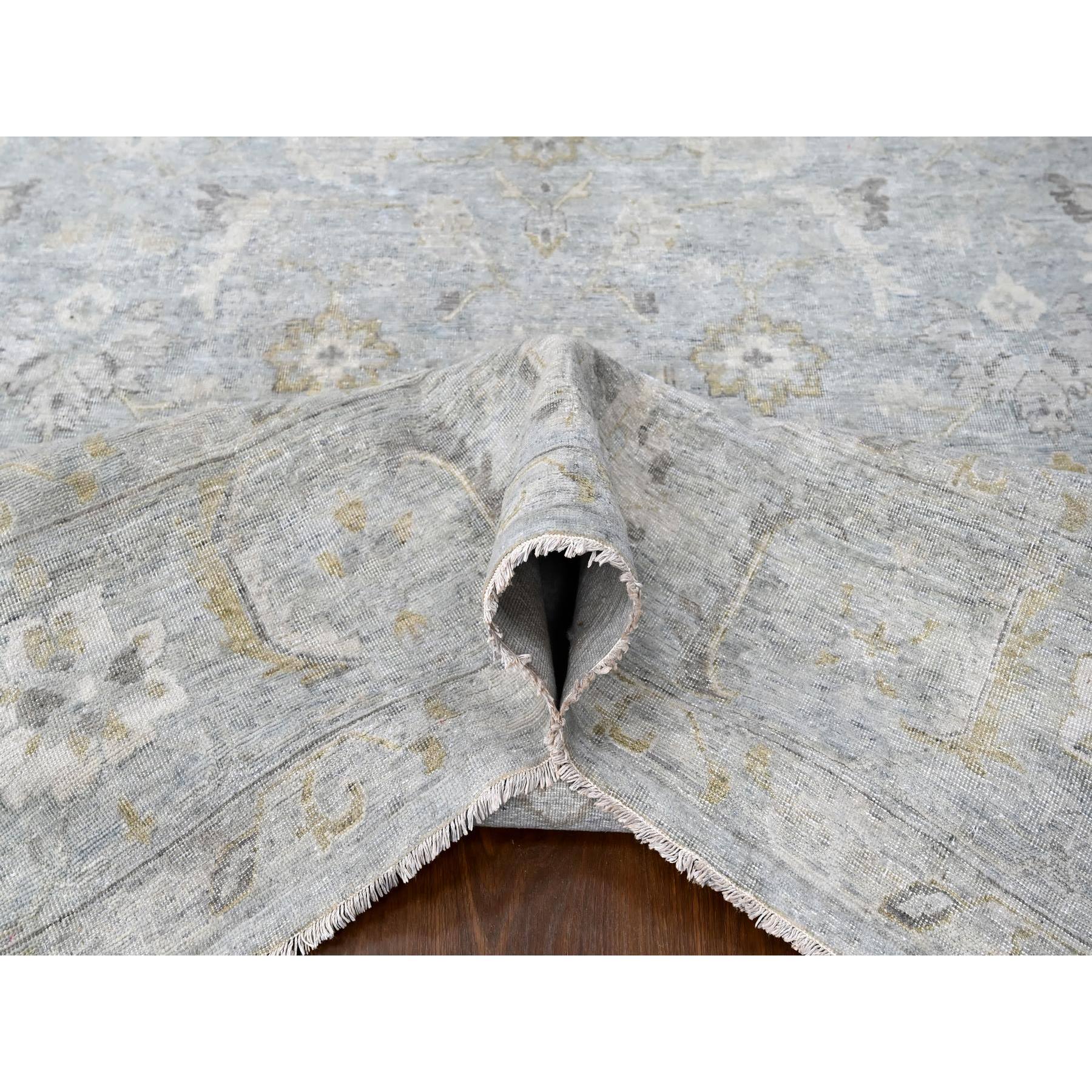 10'x13'10" Medium Gray, Distressed, Antiqued Persian with Ziegler Mahal Design, Oxidized, Zero Pile, Shaved Low, 100% Wool, Hand Knotted, Oriental Rug Sh10233