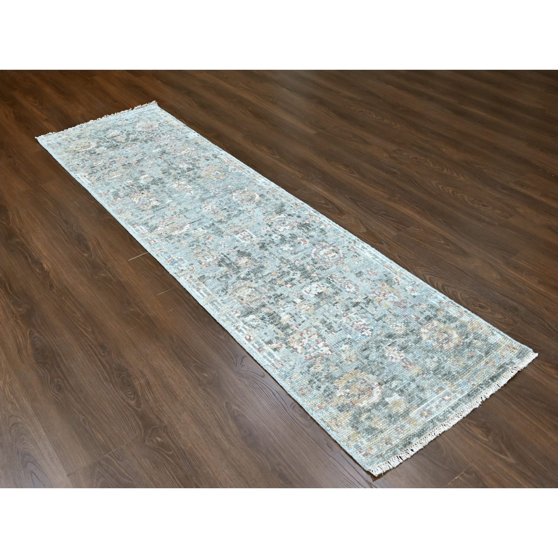 2'6"x8'10" Misty Gray, Oushak Design, Supple Collection, Tone On Tone, Hand Knotted, Soft Vibrant Wool Pile, Plush and Lush, Runner, Oriental Rug Sh10266