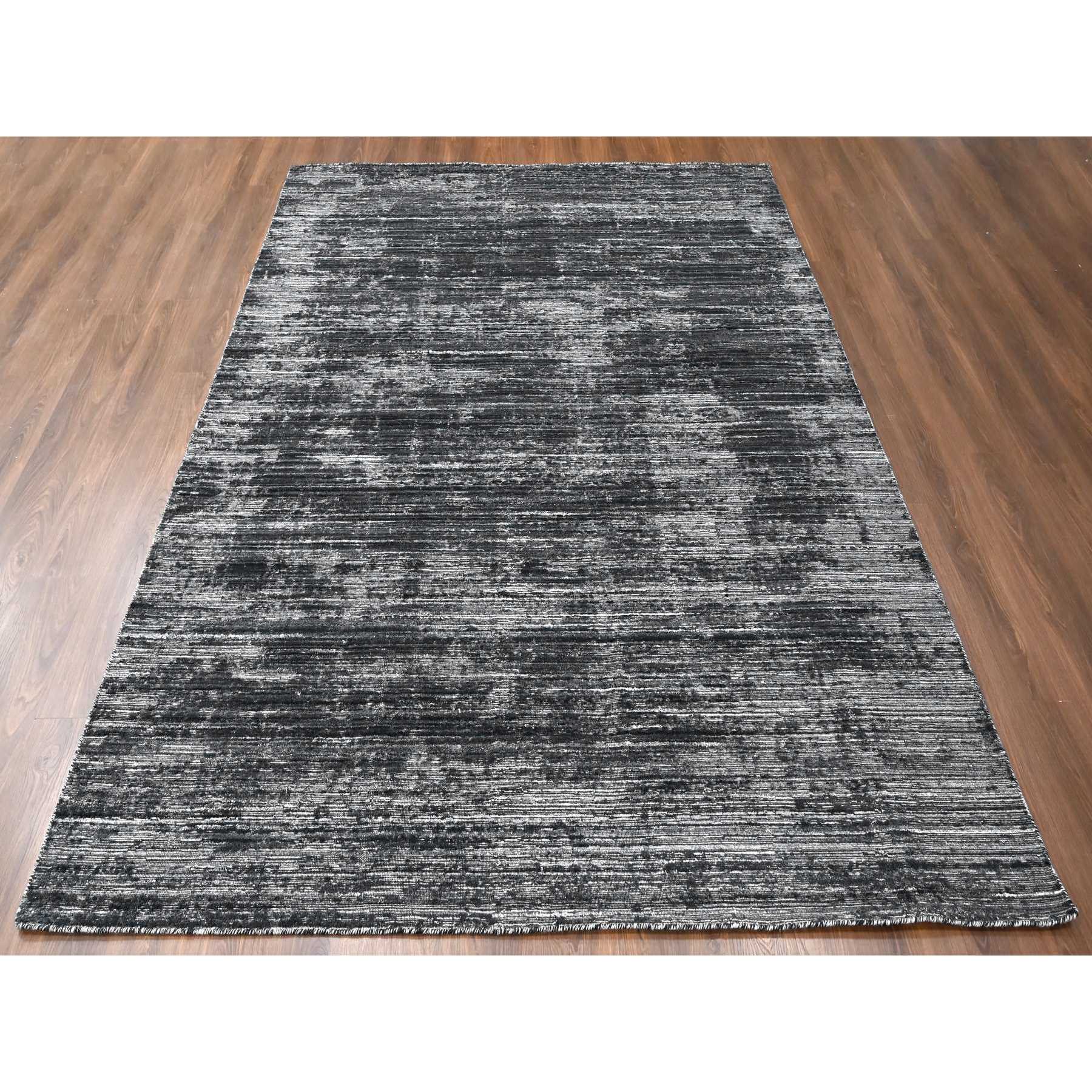 8'3"x10' Onyx Black with a mix of Ivory, Modern Design, Hand Loomed, Wool and Plant Based Silk, Textured Pile, Oriental Rug Sh10268
