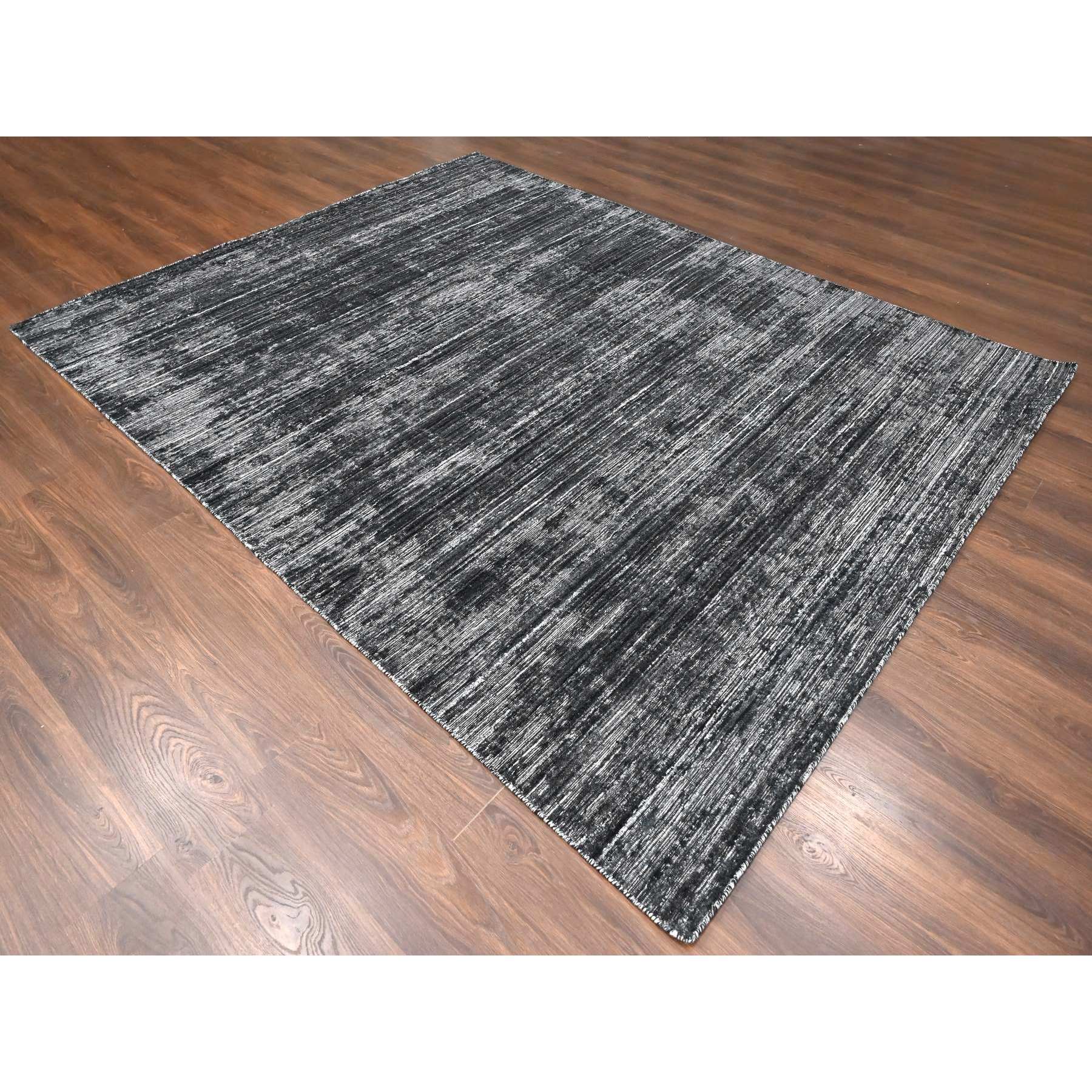 8'3"x10' Onyx Black with a mix of Ivory, Modern Design, Hand Loomed, Wool and Plant Based Silk, Textured Pile, Oriental Rug Sh10268