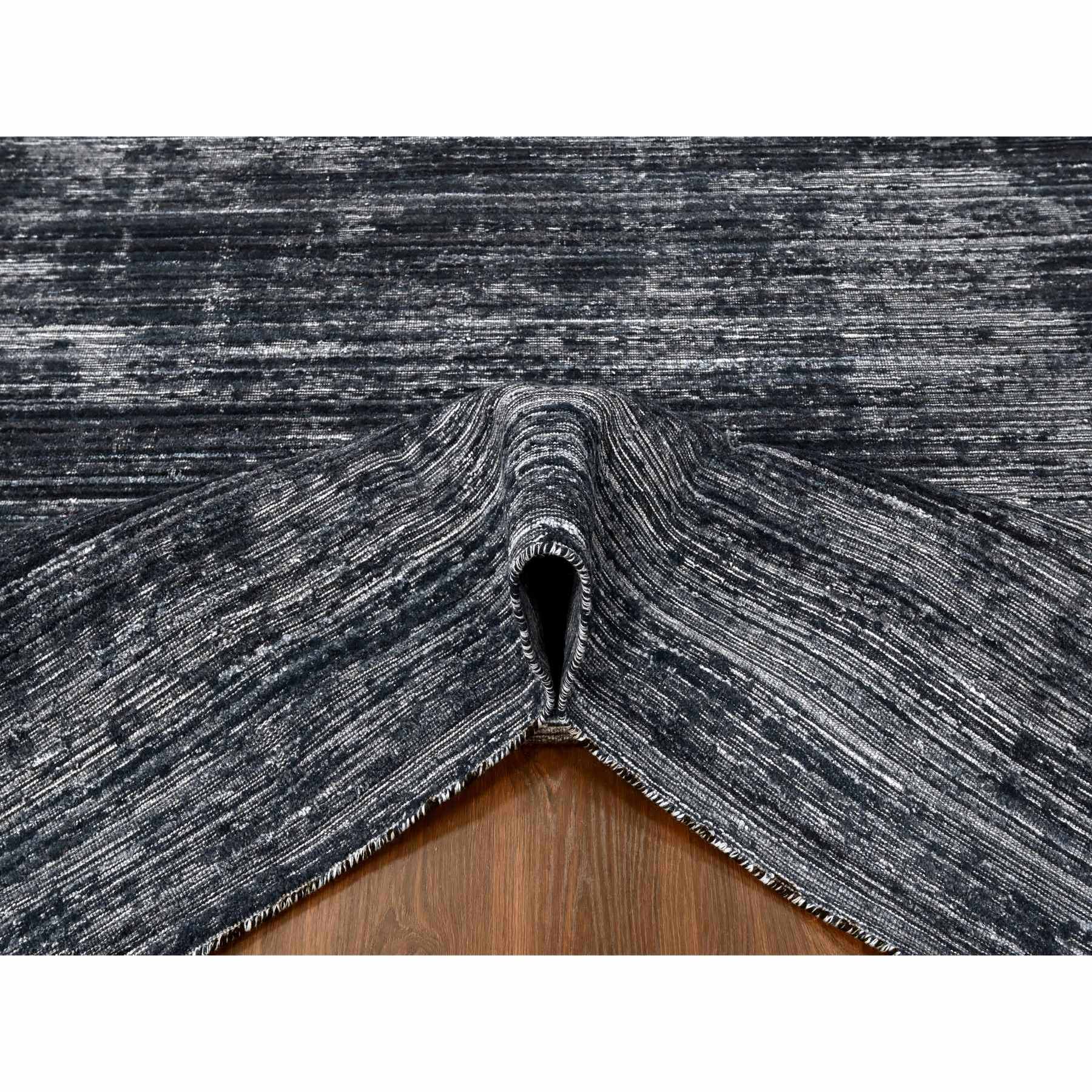 8'3"x10' Onyx Black with a mix of Ivory, Modern Design, Hand Loomed, Wool and Plant Based Silk, Textured Pile, Oriental Rug Sh10268