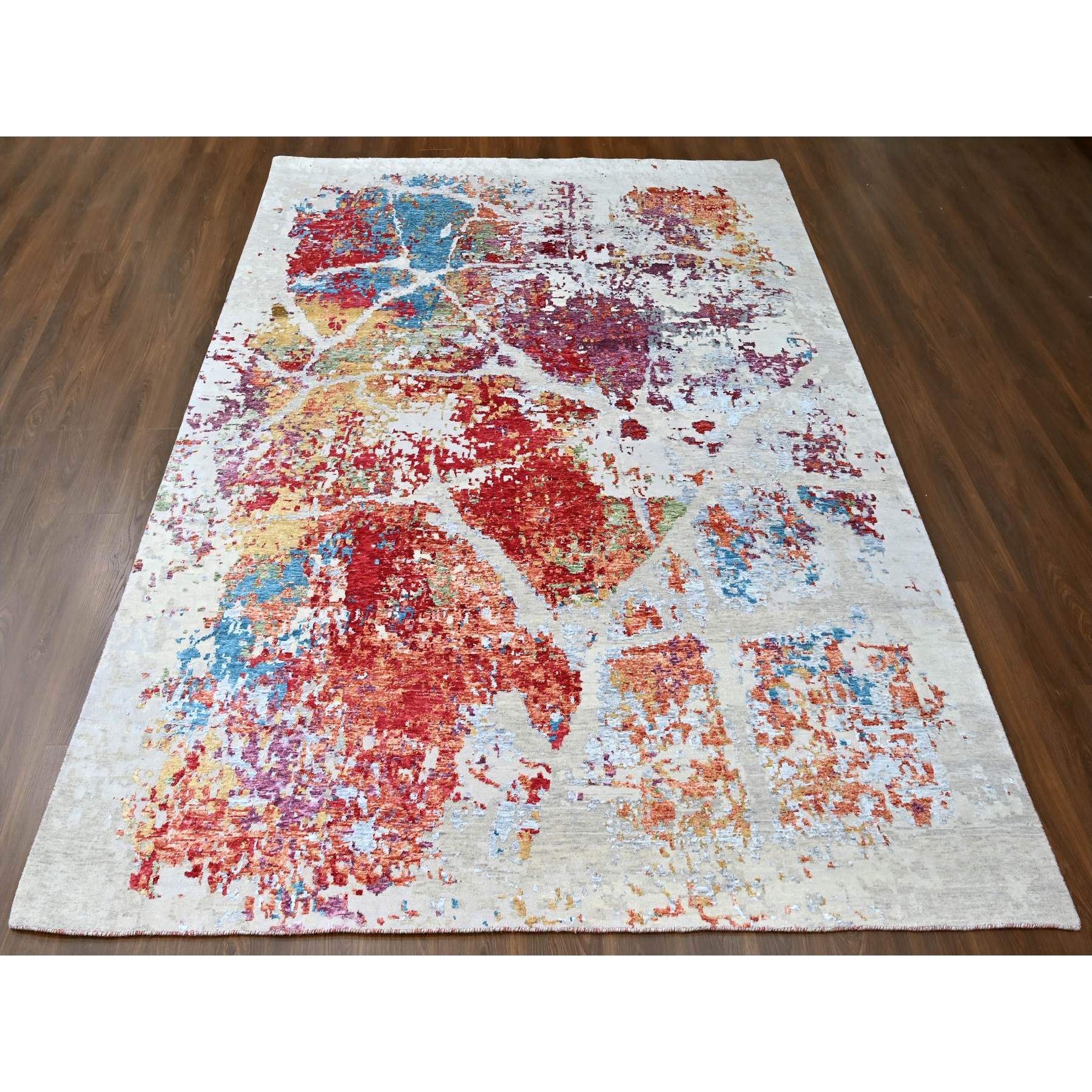 9'1"x12' Imperial Red, Colorful Abstract Design, Wool and Plant Based Silk, Hand Knotted, Nepali Weave, Modern, Oriental Rug Sh10271