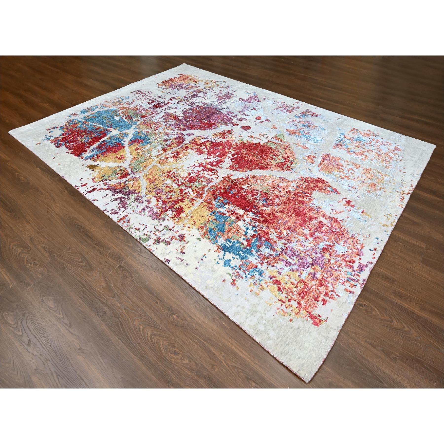 9'1"x12' Imperial Red, Colorful Abstract Design, Wool and Plant Based Silk, Hand Knotted, Nepali Weave, Modern, Oriental Rug Sh10271