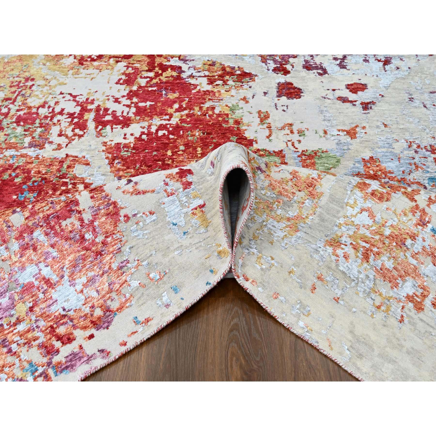 9'1"x12' Imperial Red, Colorful Abstract Design, Wool and Plant Based Silk, Hand Knotted, Nepali Weave, Modern, Oriental Rug Sh10271