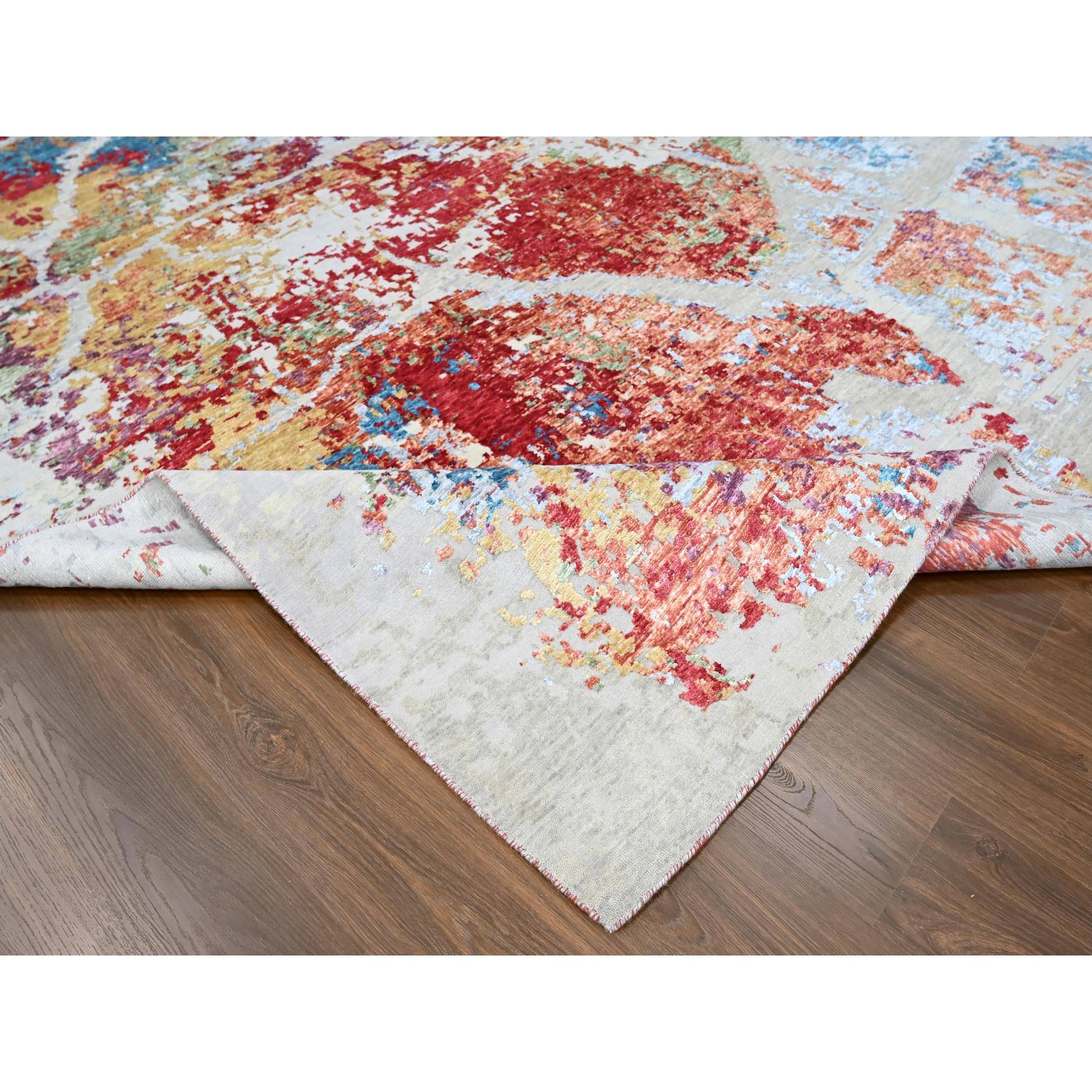 9'1"x12' Imperial Red, Colorful Abstract Design, Wool and Plant Based Silk, Hand Knotted, Nepali Weave, Modern, Oriental Rug Sh10271