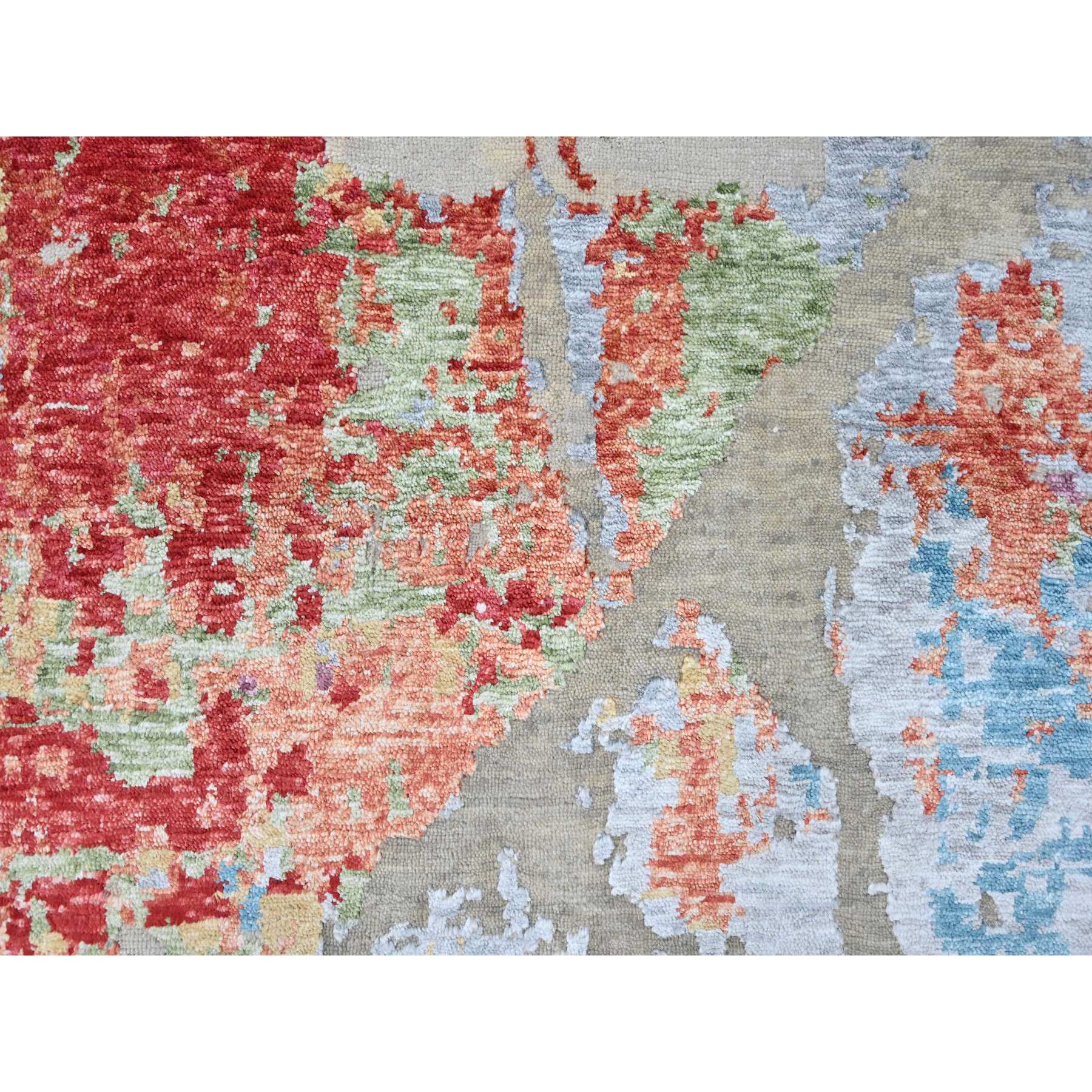9'1"x12' Imperial Red, Colorful Abstract Design, Wool and Plant Based Silk, Hand Knotted, Nepali Weave, Modern, Oriental Rug Sh10271