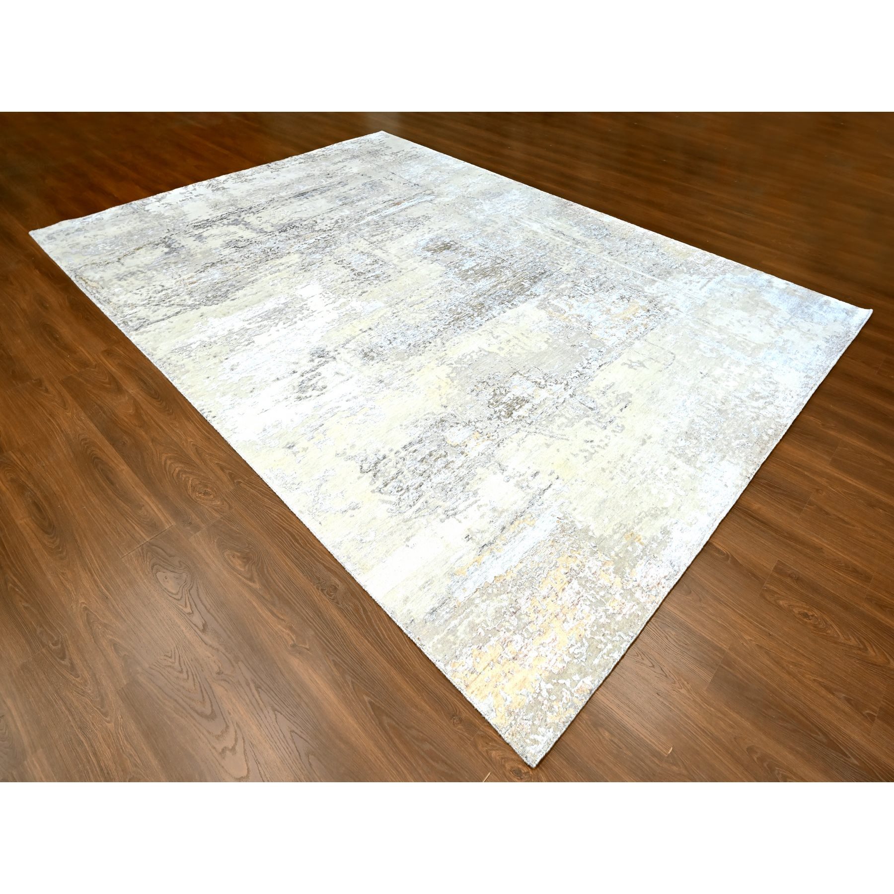 10'x13'10" Oyster Gray with Soft and Cozy Color Shades, Abstract Design, Wool and Plant Based Silk, Hand Knotted, Nepali Weave, Modern, Oriental Rug Sh10272