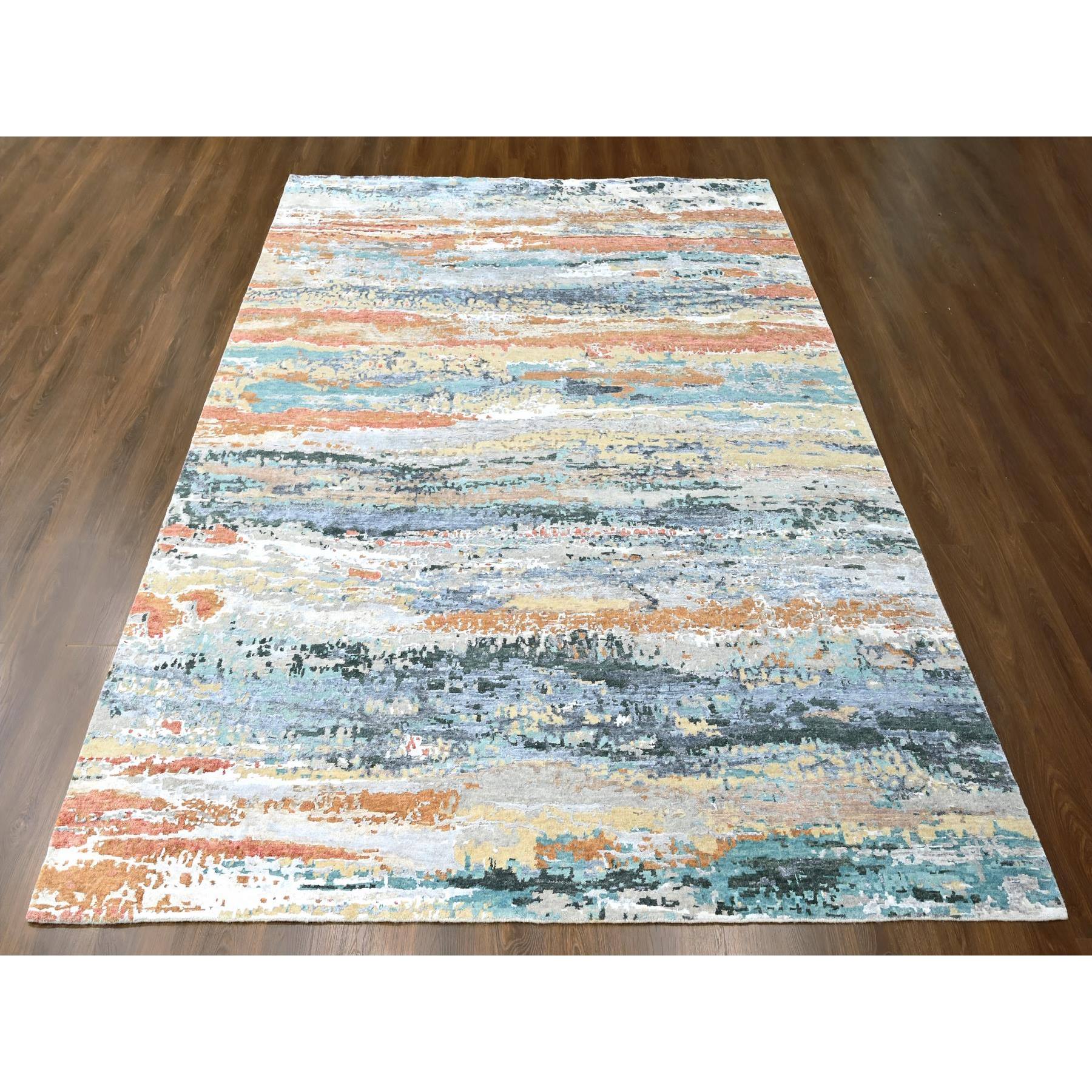 9'x11'10" Seaweed Green, Diagonal Abstract with Wavy and Colorful Design, Wool and Plant Based Silk, Hand Knotted, Nepali Weave, Modern, Oriental Rug Sh10273