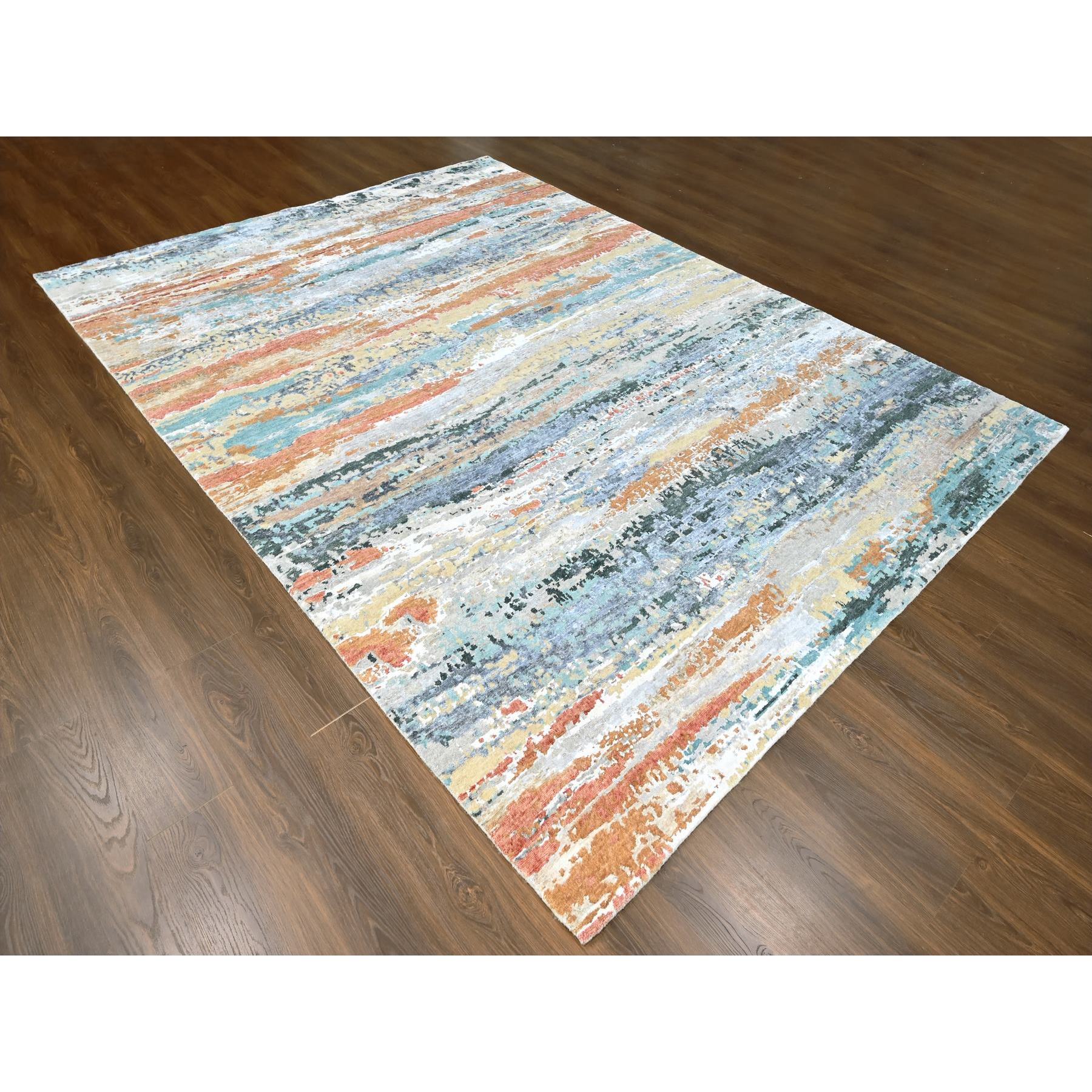 9'x11'10" Seaweed Green, Diagonal Abstract with Wavy and Colorful Design, Wool and Plant Based Silk, Hand Knotted, Nepali Weave, Modern, Oriental Rug Sh10273
