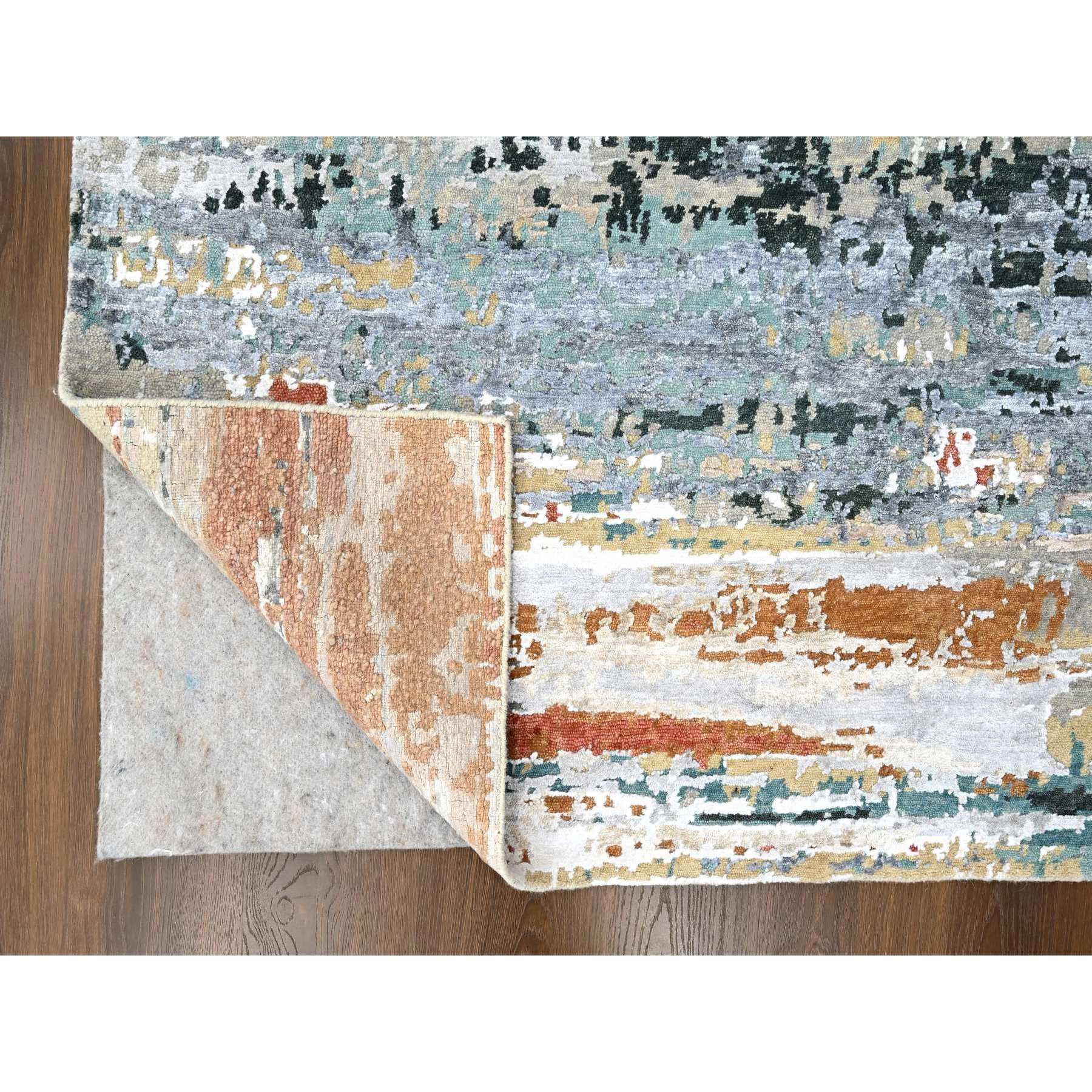 9'x11'10" Seaweed Green, Diagonal Abstract with Wavy and Colorful Design, Wool and Plant Based Silk, Hand Knotted, Nepali Weave, Modern, Oriental Rug Sh10273