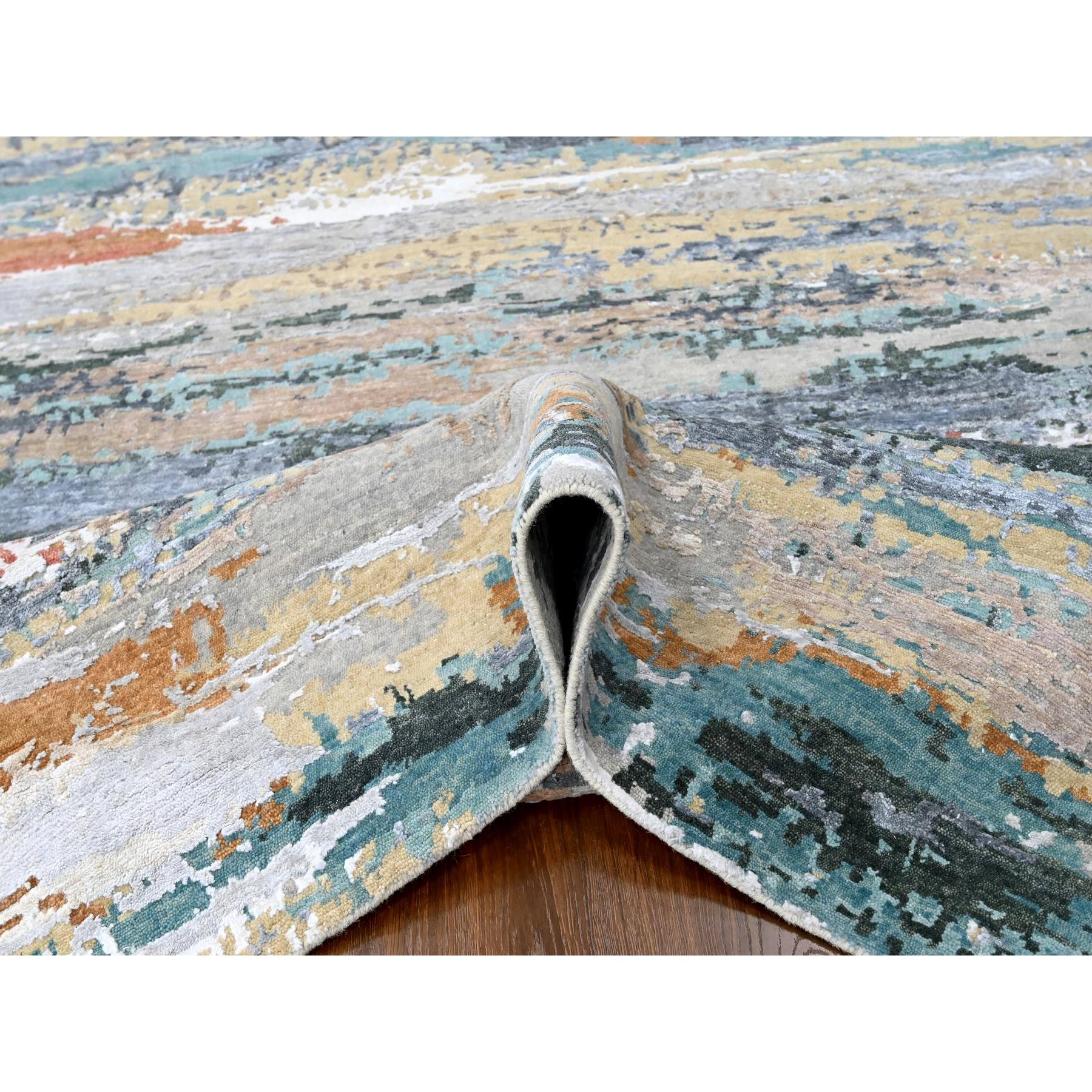 9'x11'10" Seaweed Green, Diagonal Abstract with Wavy and Colorful Design, Wool and Plant Based Silk, Hand Knotted, Nepali Weave, Modern, Oriental Rug Sh10273