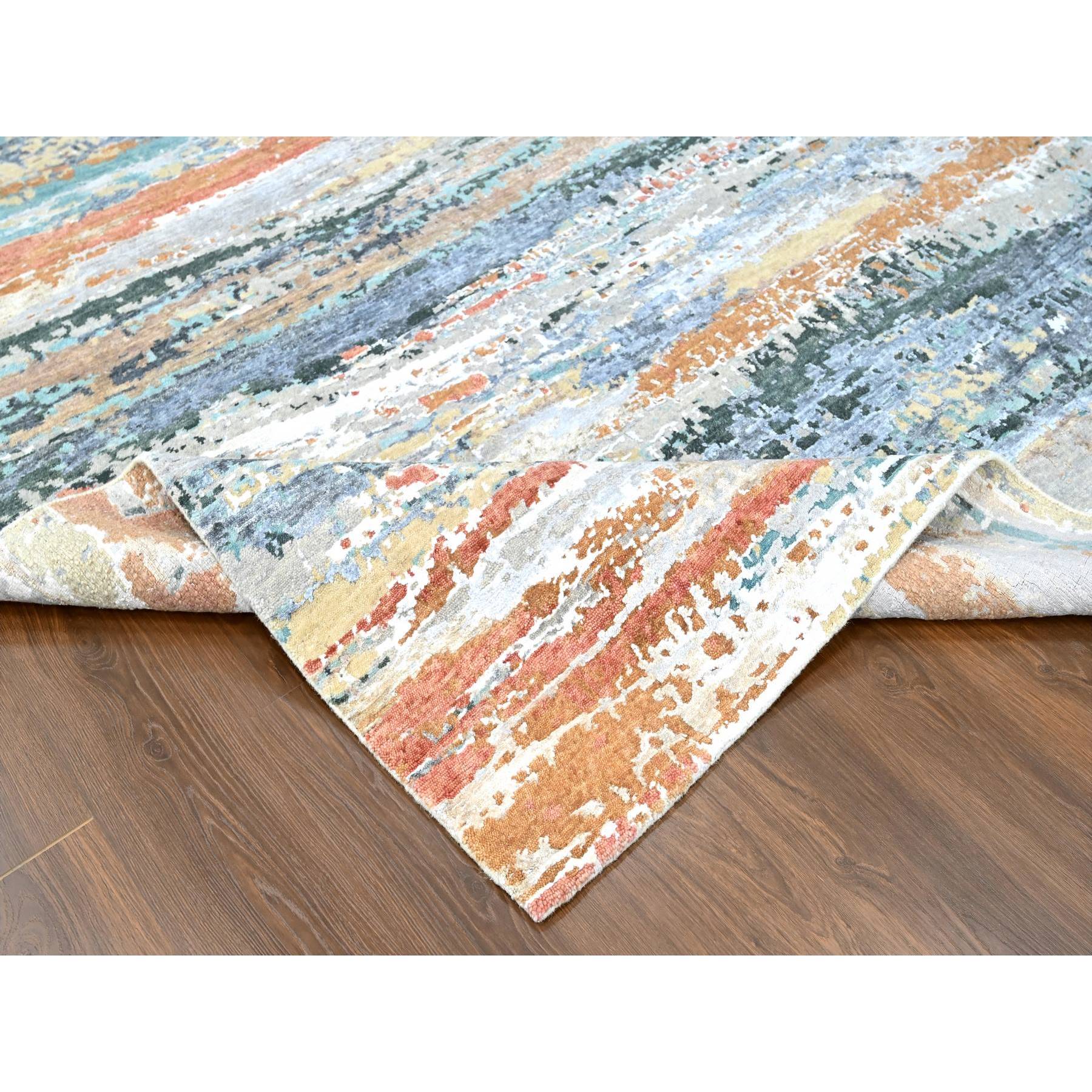 9'x11'10" Seaweed Green, Diagonal Abstract with Wavy and Colorful Design, Wool and Plant Based Silk, Hand Knotted, Nepali Weave, Modern, Oriental Rug Sh10273