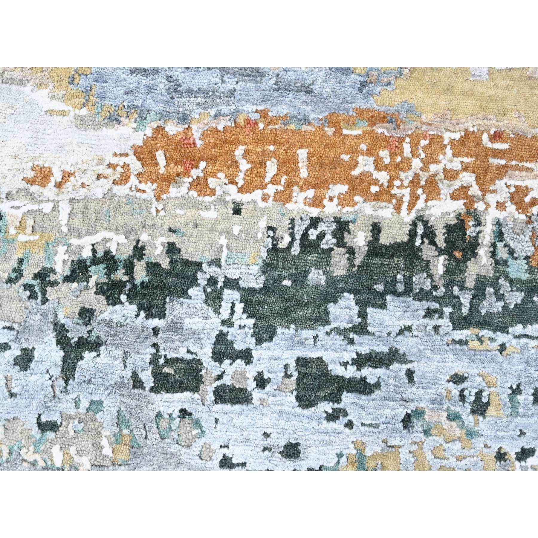 9'x11'10" Seaweed Green, Diagonal Abstract with Wavy and Colorful Design, Wool and Plant Based Silk, Hand Knotted, Nepali Weave, Modern, Oriental Rug Sh10273