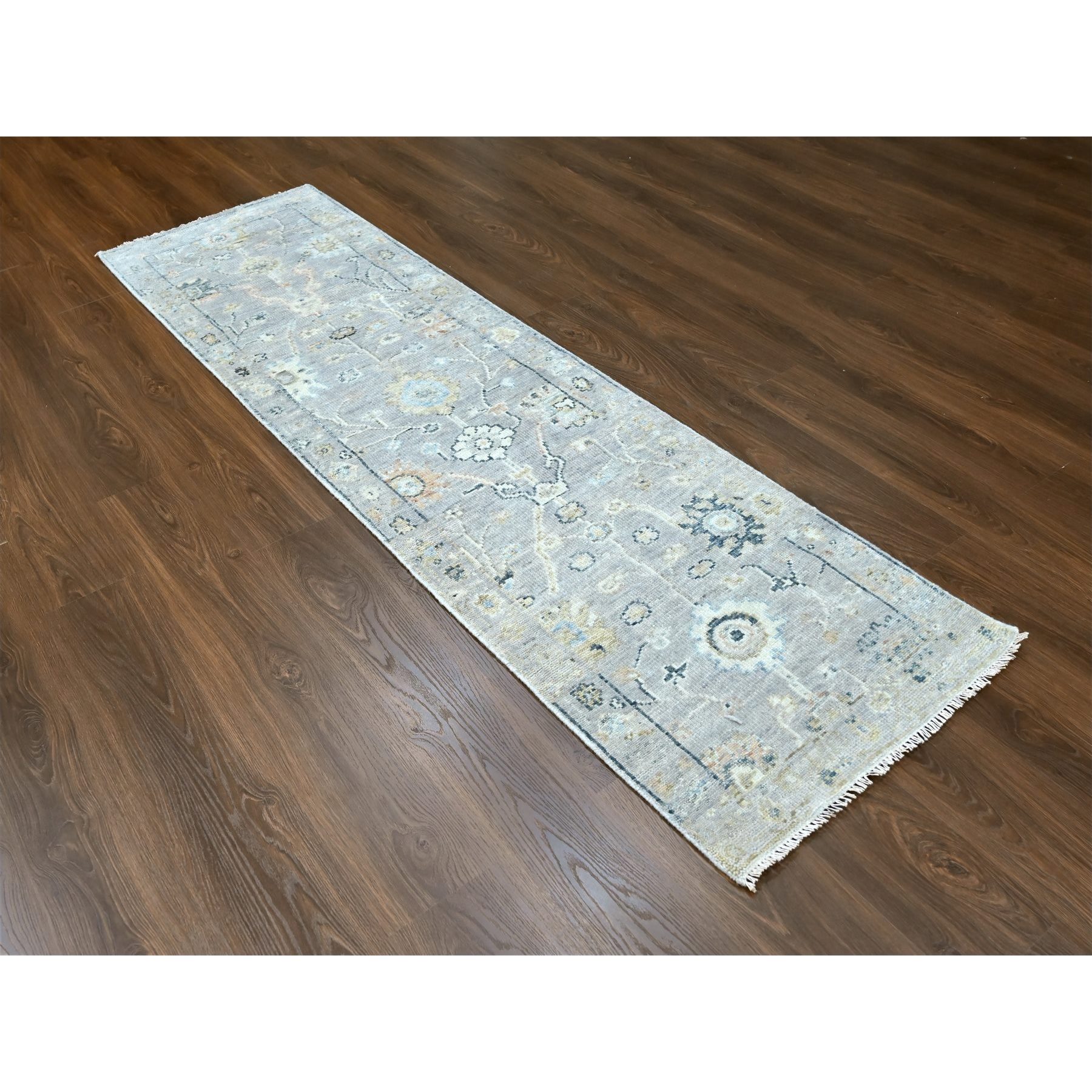 2'5"x8'5" Medium Gray, Supple Collection, Tone On Tone, Hand Knotted, Soft Vibrant Wool Pile, Plush and Lush, Oushak Design, Runner, Oriental Rug Sh10275