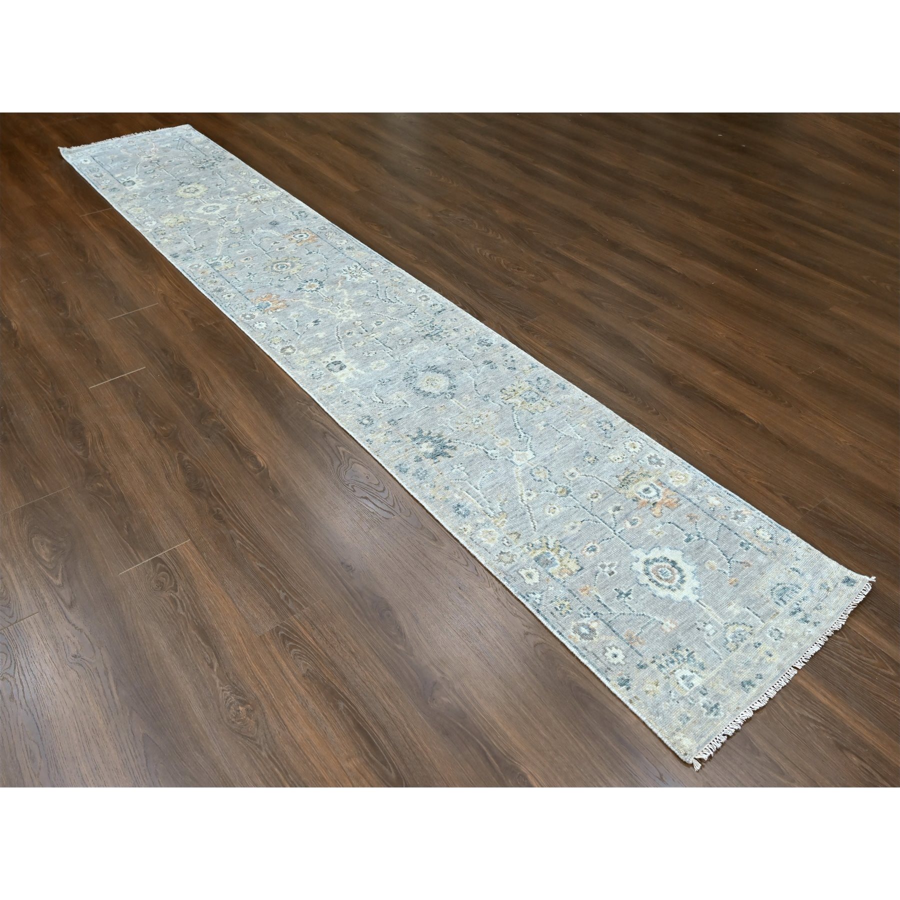 2'5"x13'10" Pastel Gray, Supple Collection, Oushak Design, Hand Knotted, Lush and Plush, Pure Wool, Soft Pile, Tone On Tone, Natural Dyes, Runner, Oriental Rug Sh10276