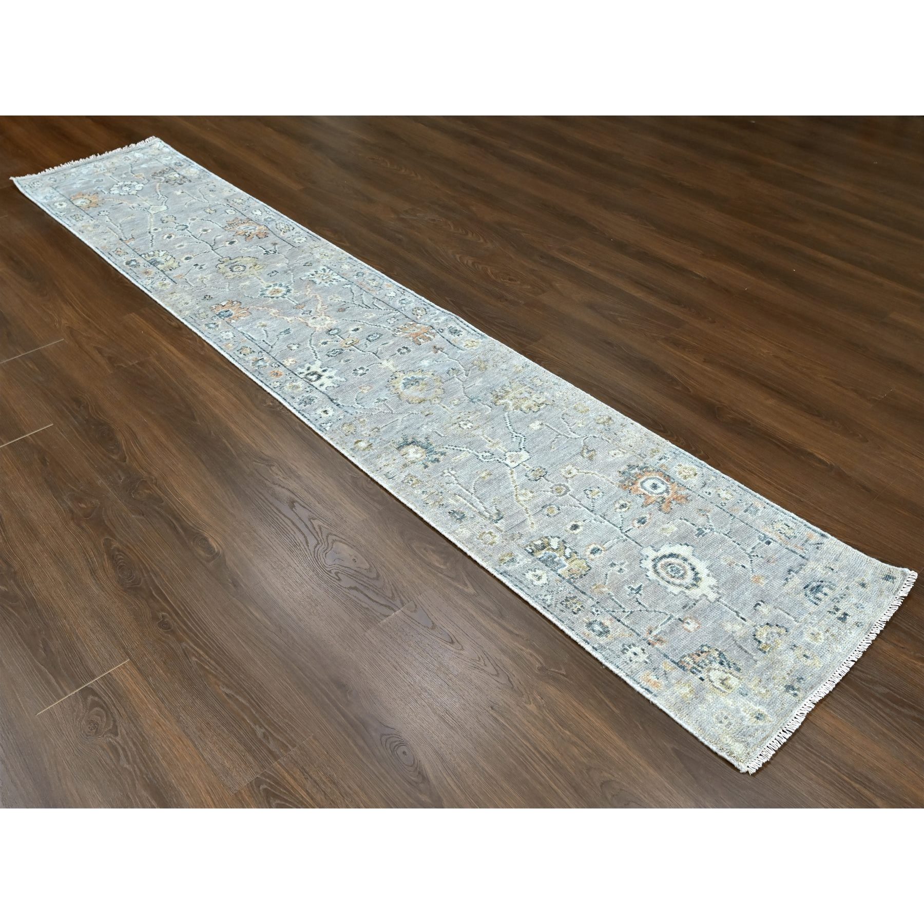 2'3"x11'2" Cloud Gray, Supple Collection, Oushak All Over Design, Soft Velvety Wool, Hand Knotted, Vegetable Dyes, Narrow Runner, Oriental Rug Sh10277