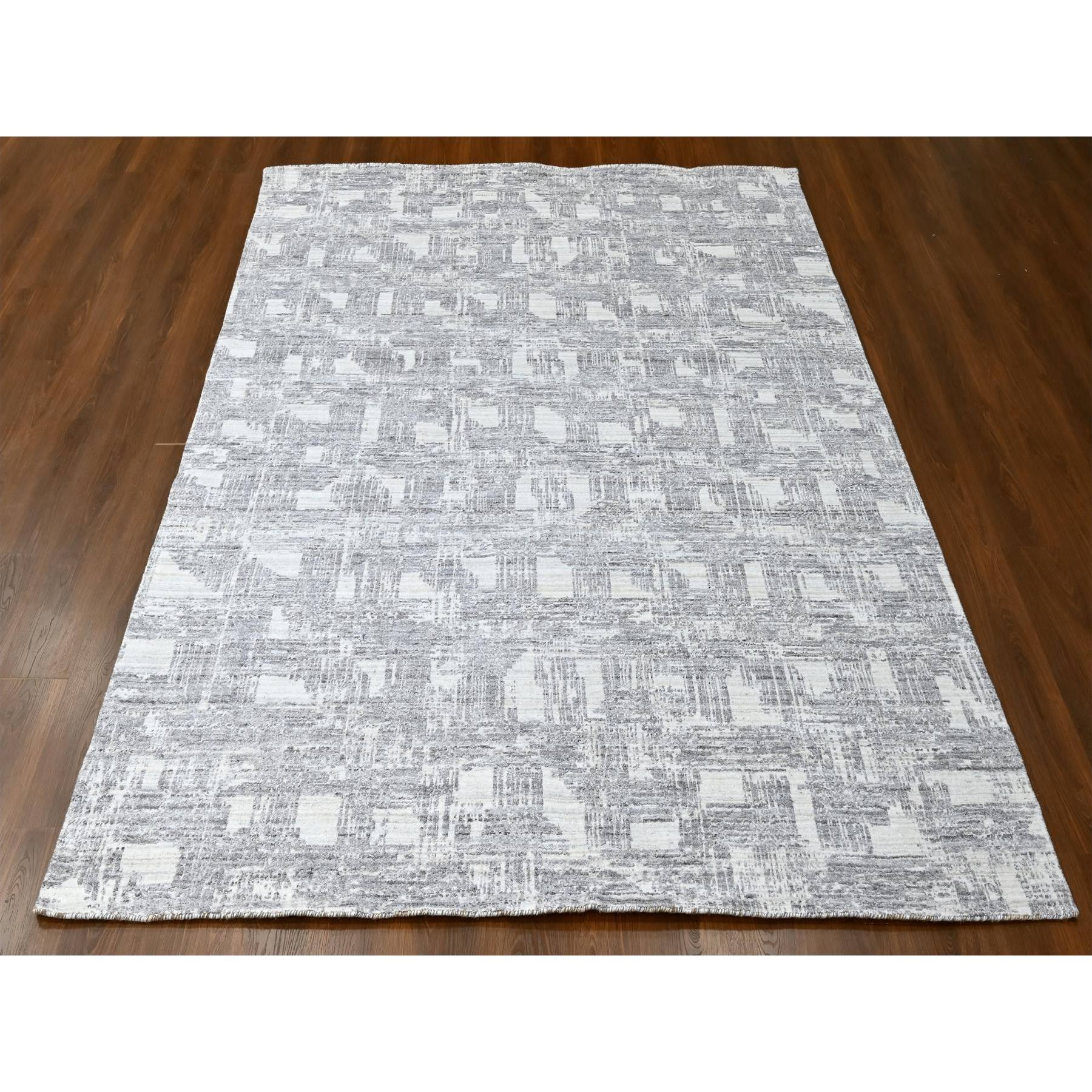 8'x10' Chiffon White, Hand Loomed, Wool and Plant Based Silk, Textured Pile, Modern Grid Like Design, Oriental Rug Sh10280