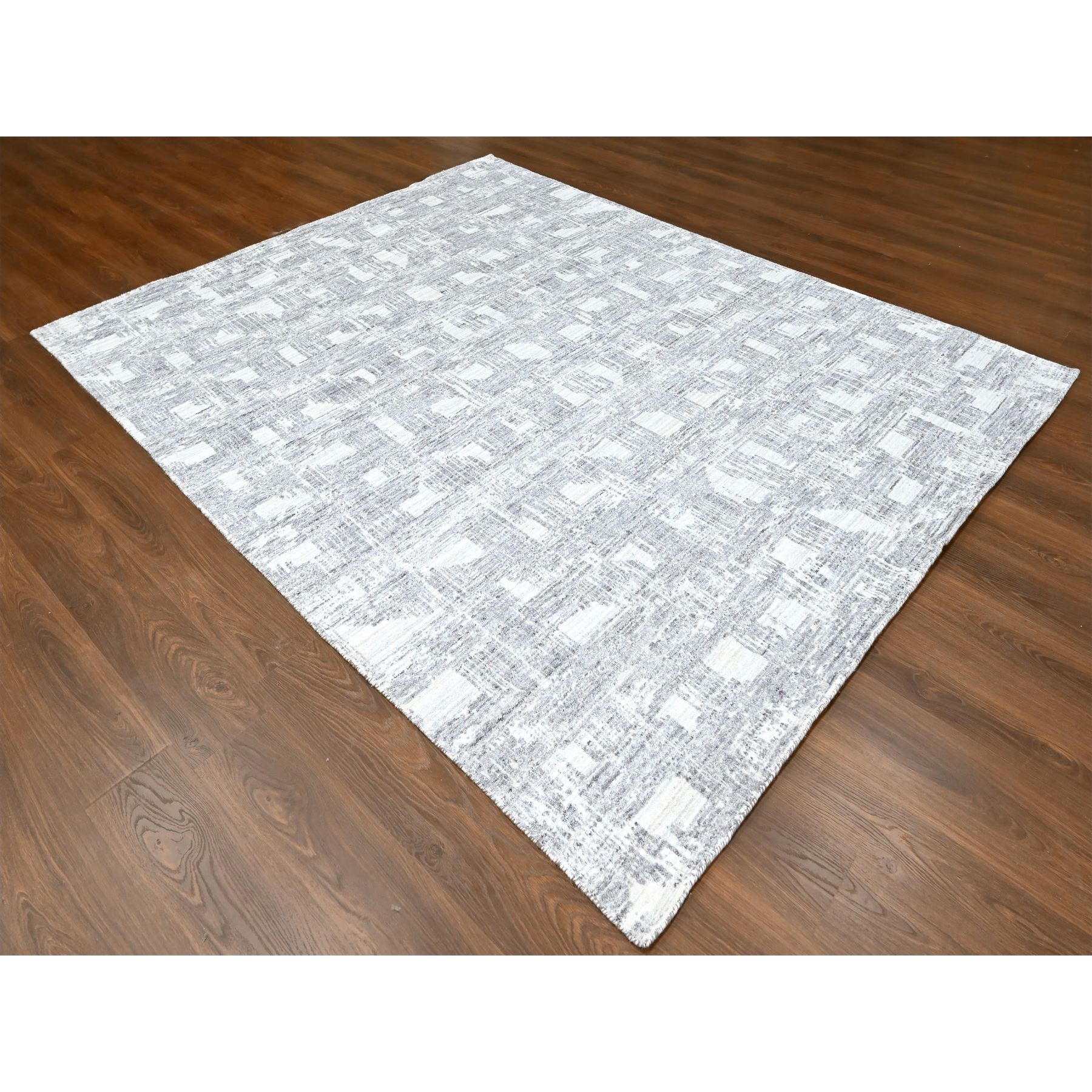 8'x10' Chiffon White, Hand Loomed, Wool and Plant Based Silk, Textured Pile, Modern Grid Like Design, Oriental Rug Sh10280