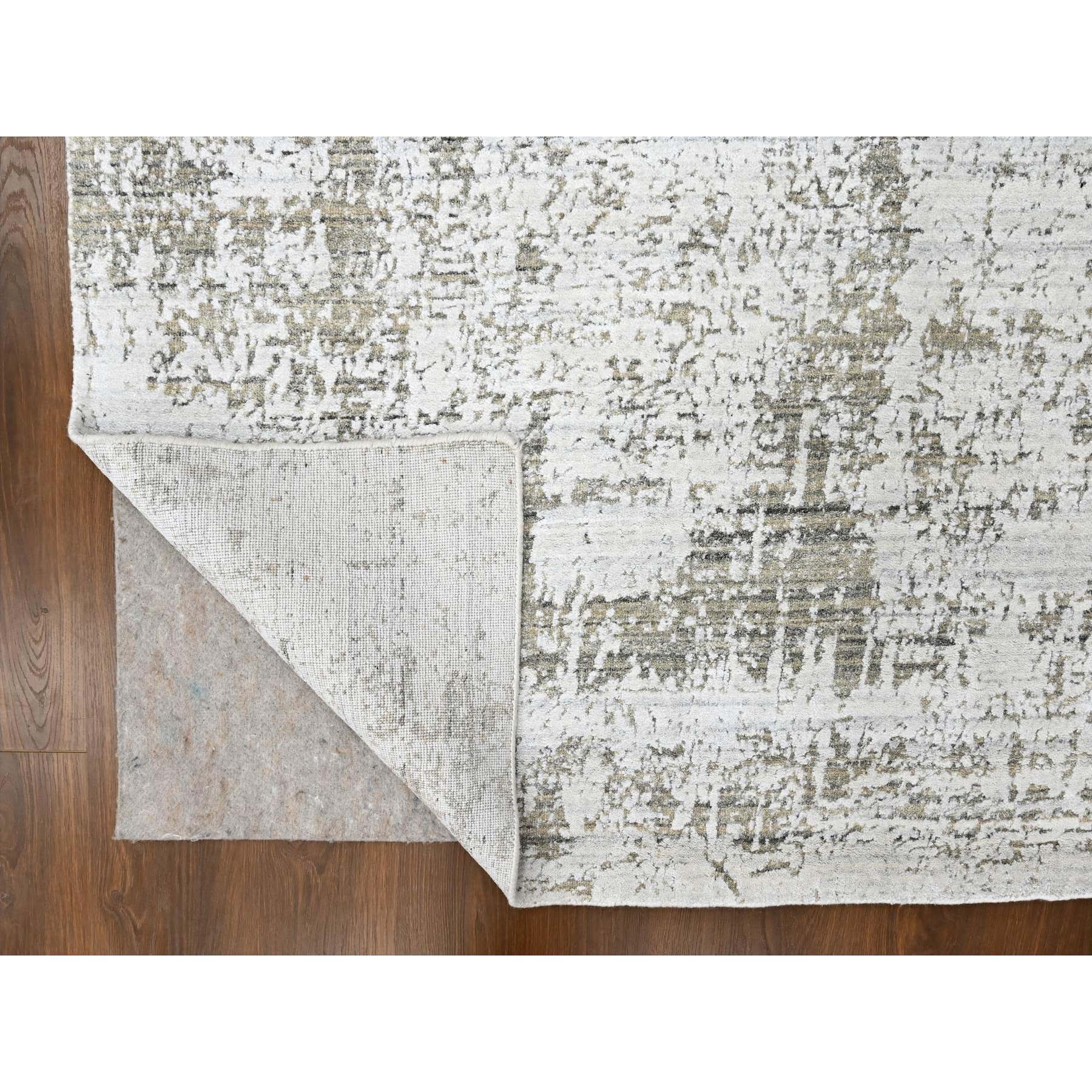 8'x10' Cotton White with Brown, Modern Design, Hand Loomed, Wool and Plant Based Silk, Textured Pile, Oriental Rug Sh10281