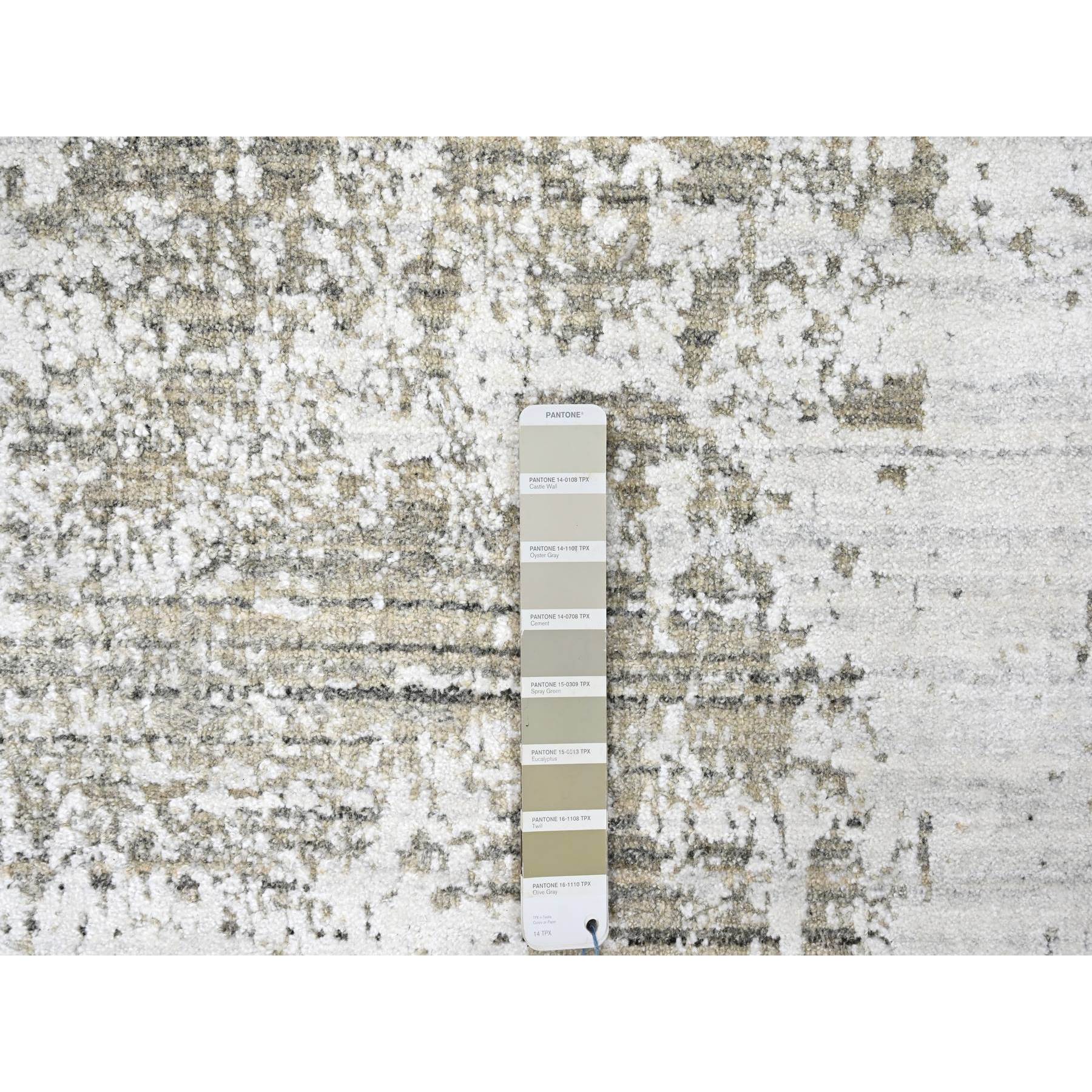 8'x10' Cotton White with Brown, Modern Design, Hand Loomed, Wool and Plant Based Silk, Textured Pile, Oriental Rug Sh10281
