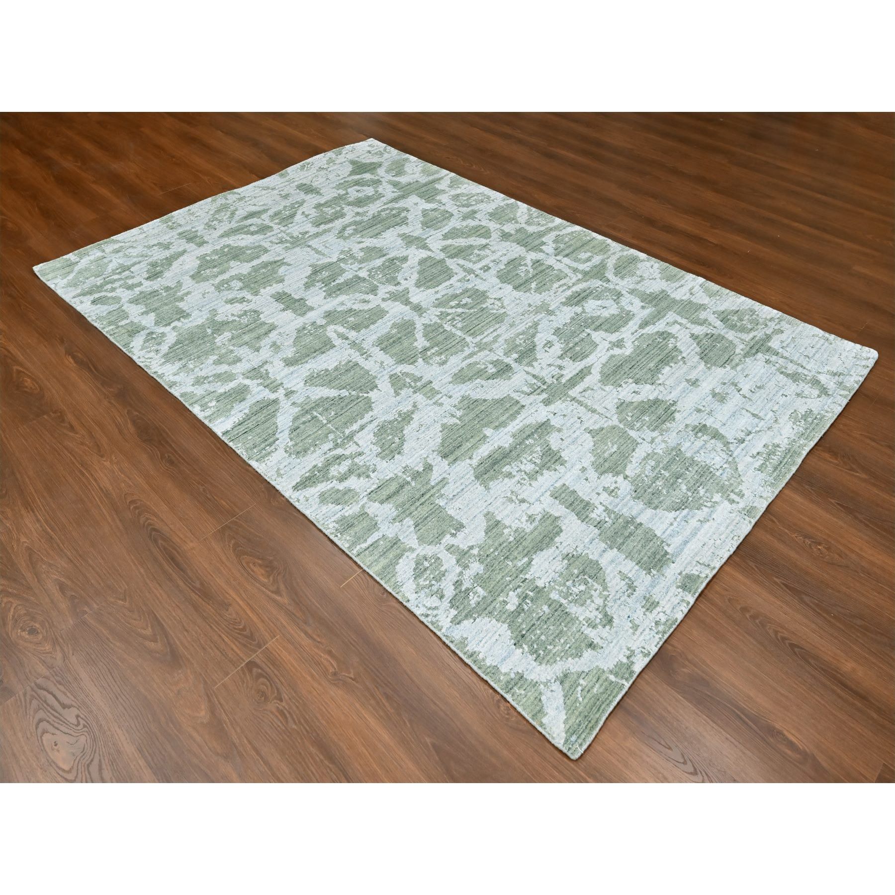 6'7"x9'6" Sage Green, Hand Loomed, Modern Design, Wool and Plant Based Silk, Textured Pile, Oriental Rug Sh10282