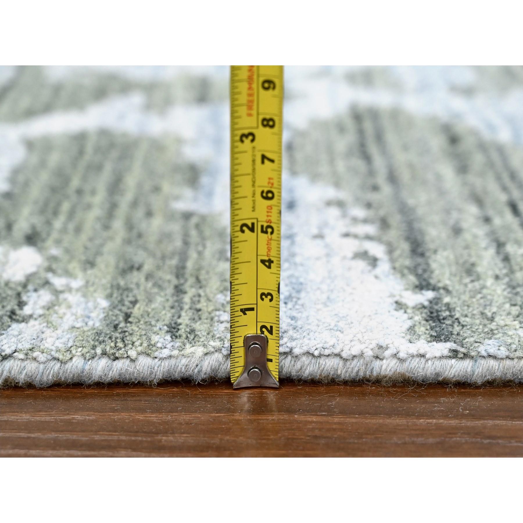 6'7"x9'6" Sage Green, Hand Loomed, Modern Design, Wool and Plant Based Silk, Textured Pile, Oriental Rug Sh10282