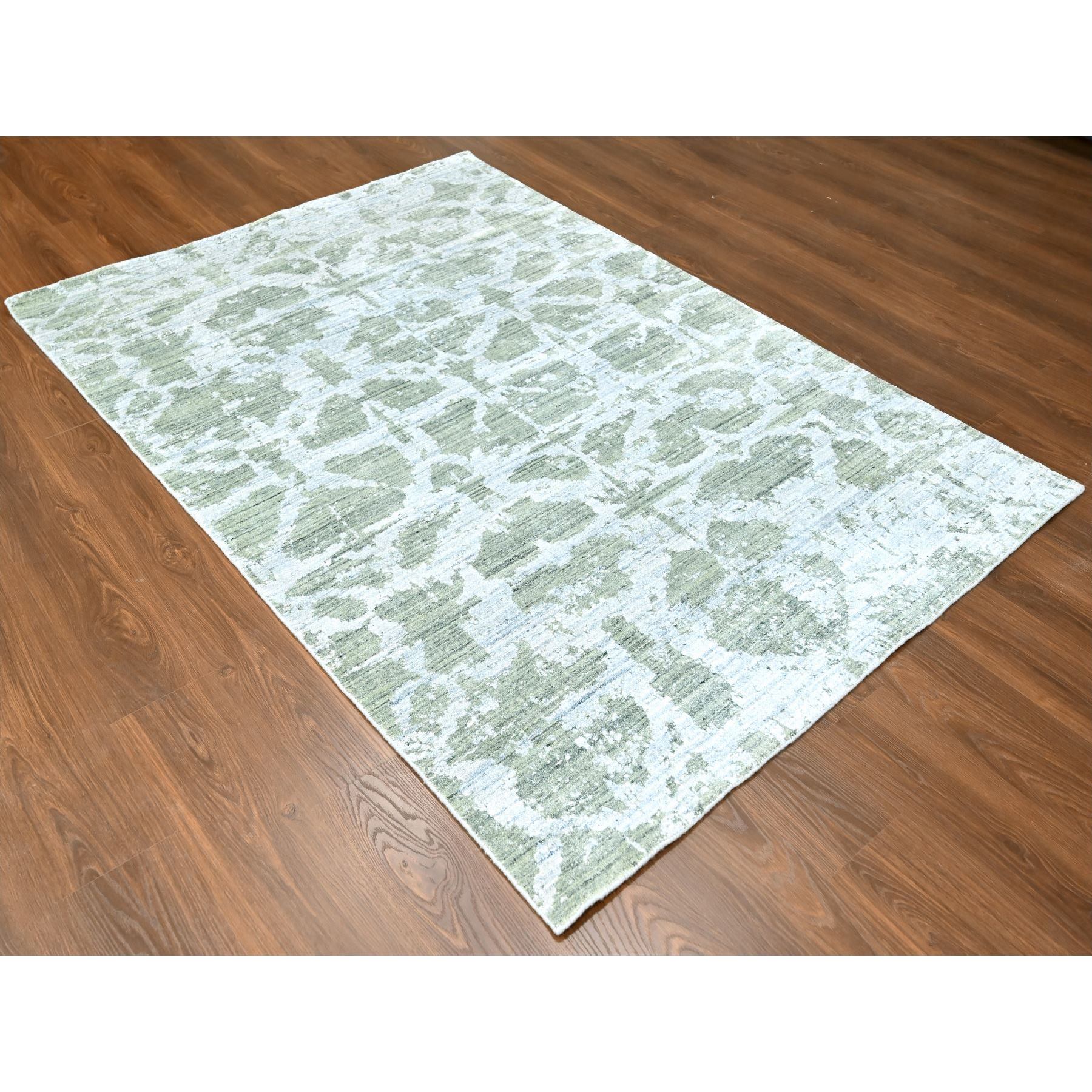 5'5"x7'5" Pistachio Green, Hand Loomed, Wool and Plant Based Silk, Textured Pile, Modern Design, Oriental Rug Sh10283