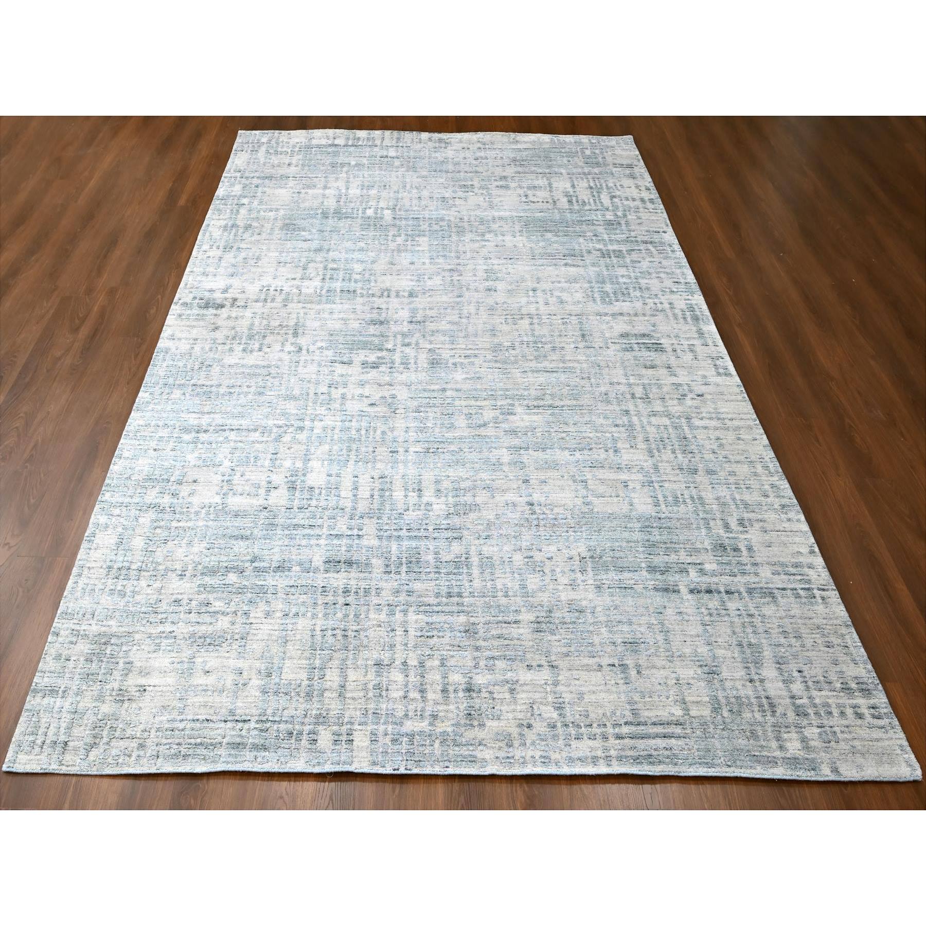 9'4"x13'6" Storm Gray, Modern Design, Hand Loomed, Wool and Plant Based Silk, Textured Pile, Oriental Rug Sh10290