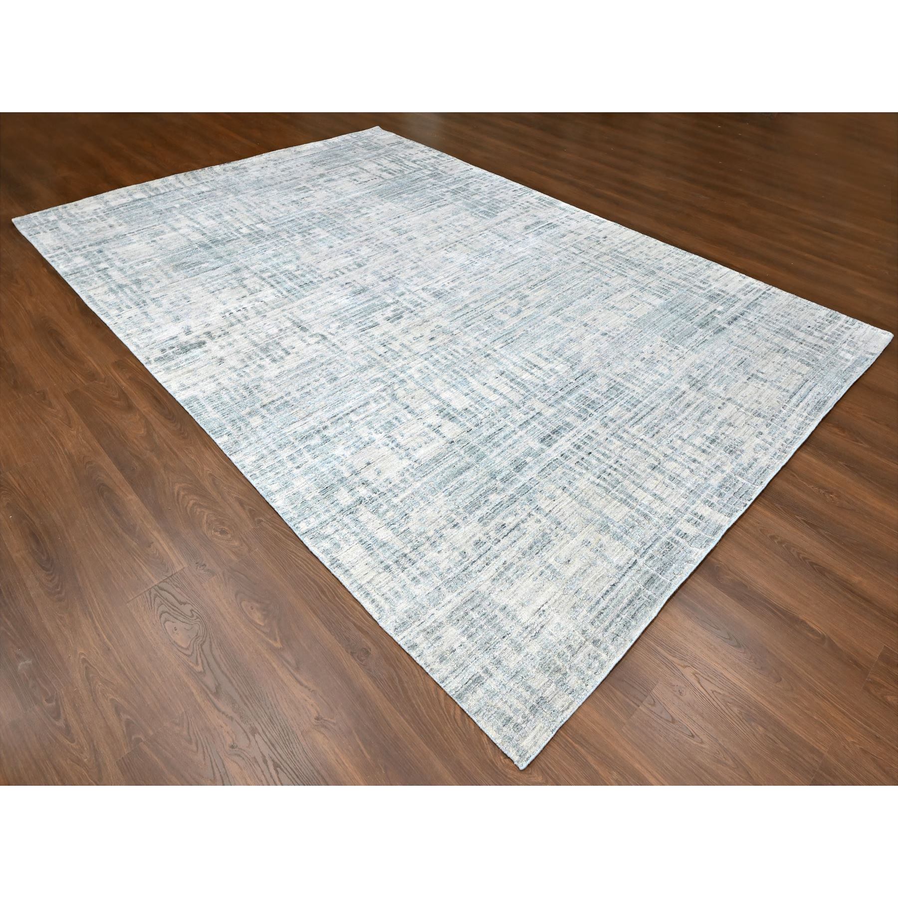 9'4"x13'6" Storm Gray, Modern Design, Hand Loomed, Wool and Plant Based Silk, Textured Pile, Oriental Rug Sh10290