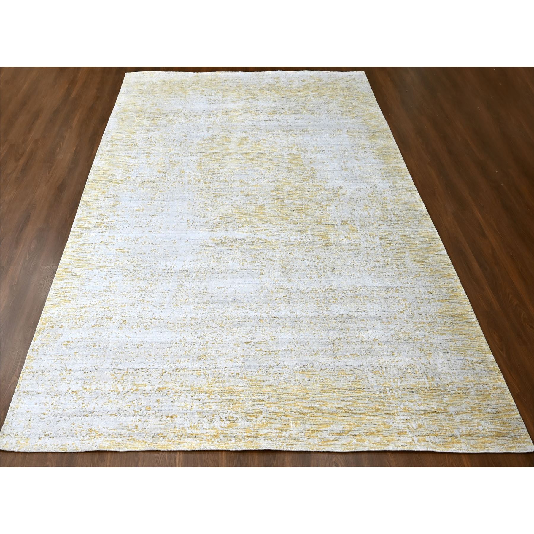 9'10"x13'10" Macaroon Yellow, Hand Loomed, Wool and Plant Based Silk, Textured Pile, Modern Design, Oriental Rug Sh10291
