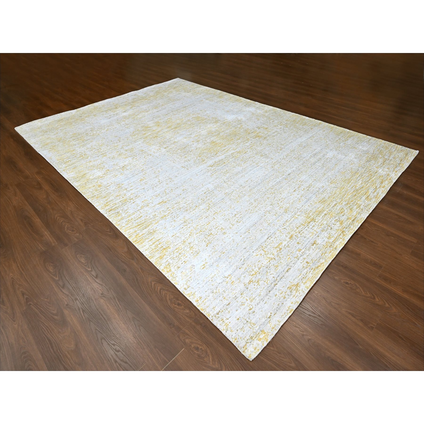 9'10"x13'10" Macaroon Yellow, Hand Loomed, Wool and Plant Based Silk, Textured Pile, Modern Design, Oriental Rug Sh10291