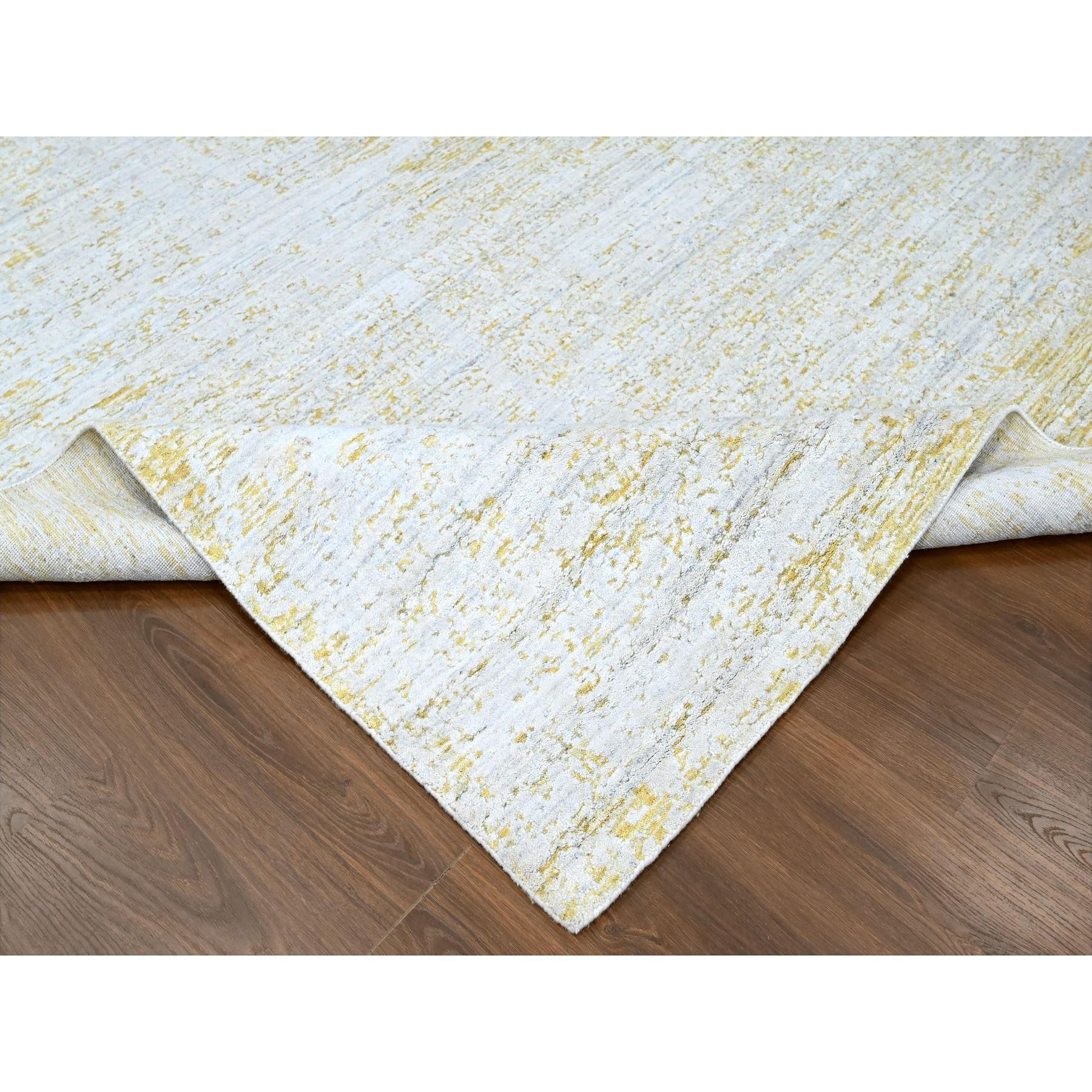 9'10"x13'10" Macaroon Yellow, Hand Loomed, Wool and Plant Based Silk, Textured Pile, Modern Design, Oriental Rug Sh10291