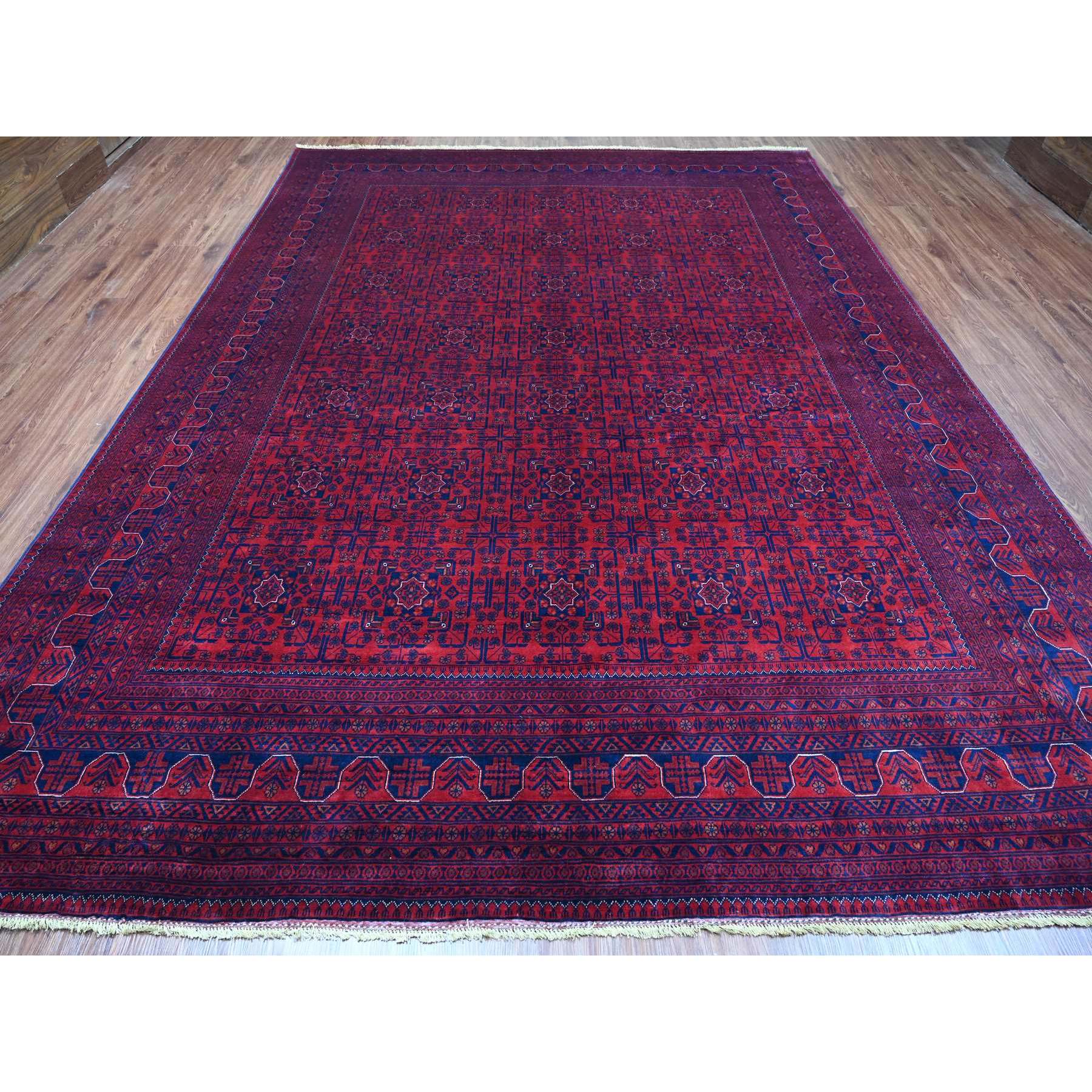 9'9"x13' Deep and Saturated Red, Afghan Khamyab with All Over Repetitive Star Design, Hand Knotted, 100% Wool, Vegetable Dyes, Oriental Rug Sh20001
