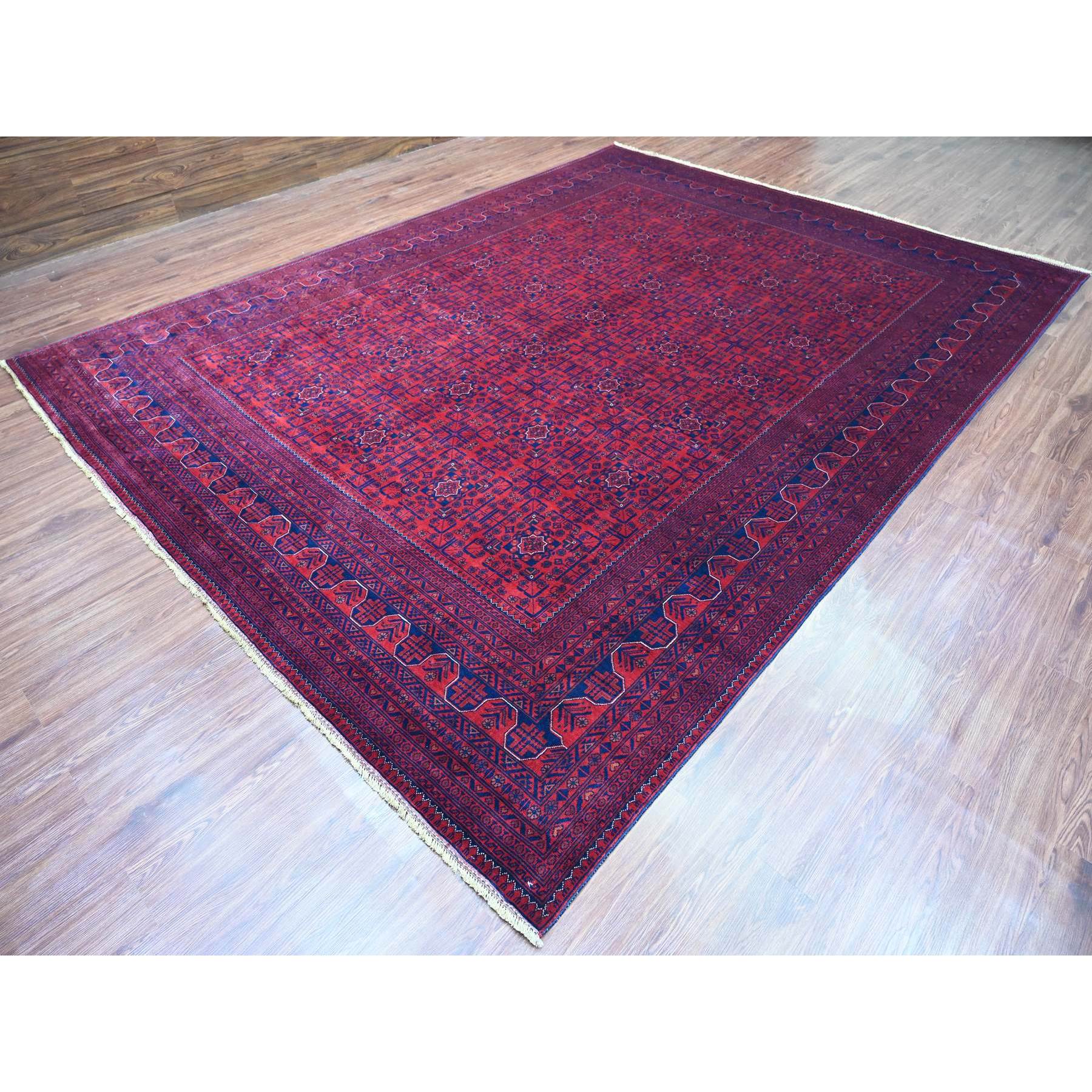 9'9"x13' Deep and Saturated Red, Afghan Khamyab with All Over Repetitive Star Design, Hand Knotted, 100% Wool, Vegetable Dyes, Oriental Rug Sh20001