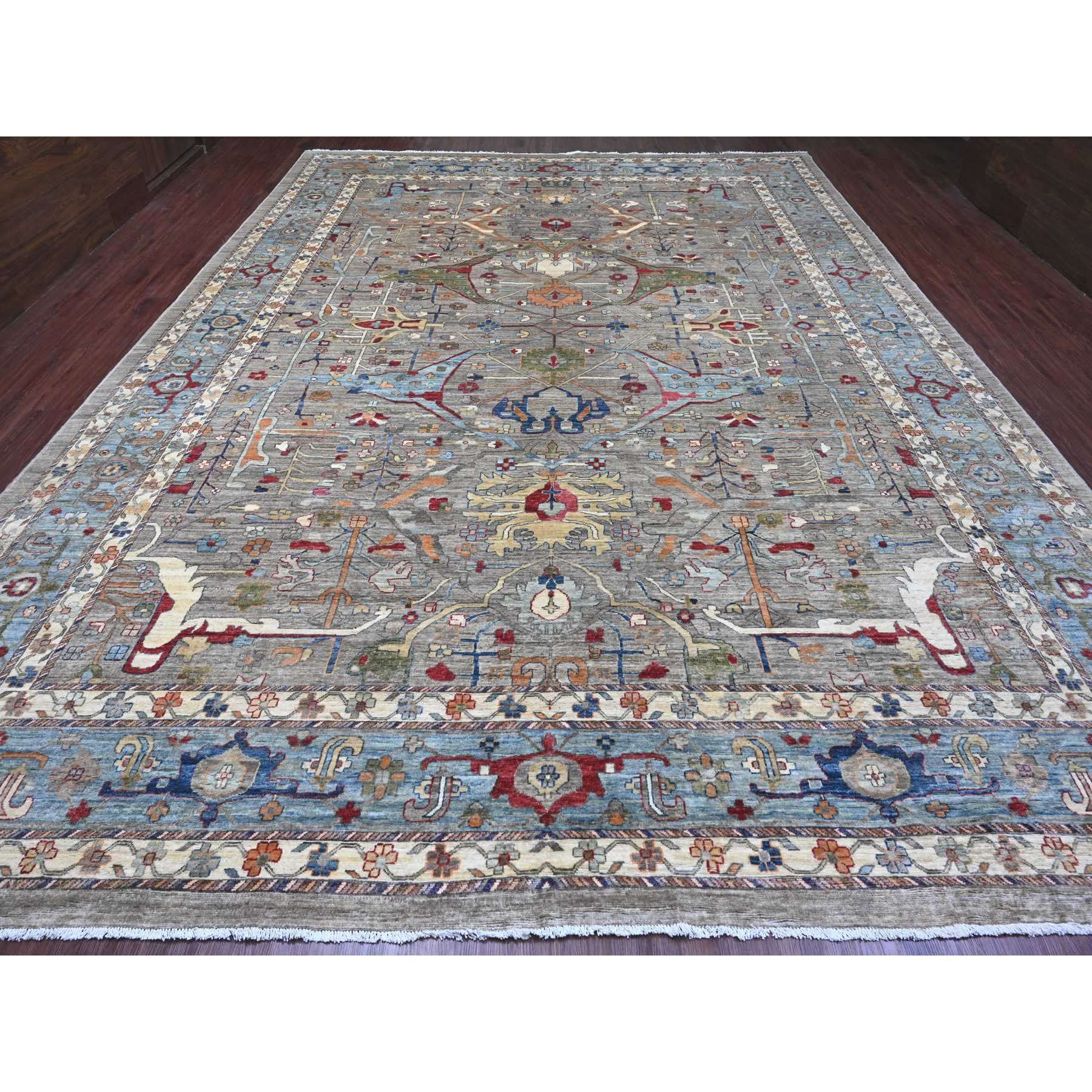 11'7"x15'8" Cloud Gray, Aryana Grade, Peshawar with Bijar Garus Design, Colorful Pattern, Vegetable Dyes, Hand Knotted, Densely Woven, 100% Wool, Oversized, Oriental Rug Sh20002