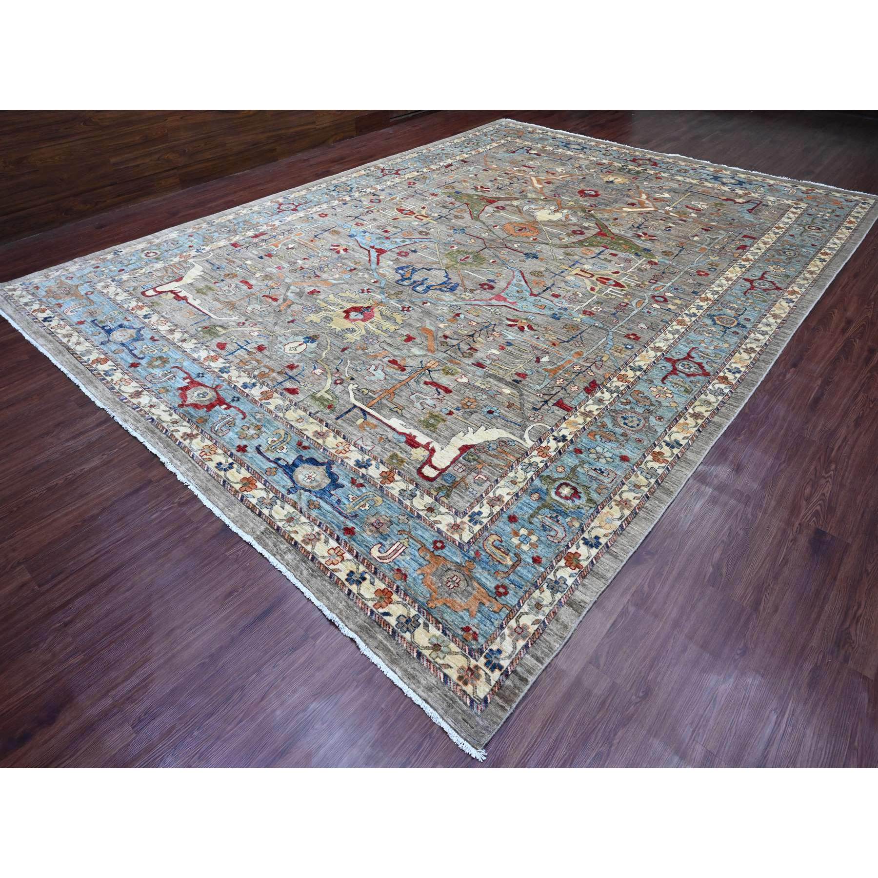 11'7"x15'8" Cloud Gray, Aryana Grade, Peshawar with Bijar Garus Design, Colorful Pattern, Vegetable Dyes, Hand Knotted, Densely Woven, 100% Wool, Oversized, Oriental Rug Sh20002
