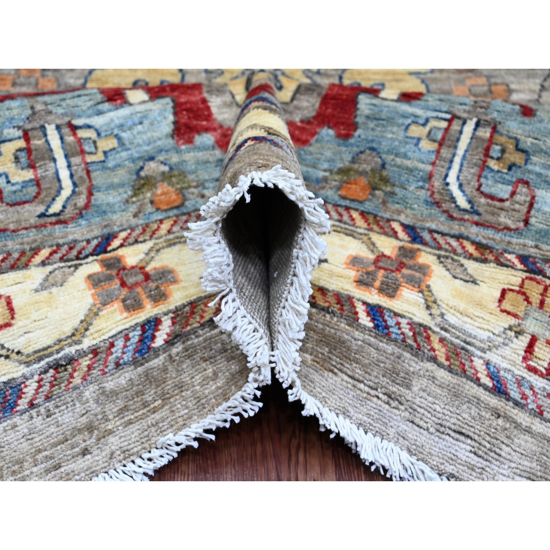 11'7"x15'8" Cloud Gray, Aryana Grade, Peshawar with Bijar Garus Design, Colorful Pattern, Vegetable Dyes, Hand Knotted, Densely Woven, 100% Wool, Oversized, Oriental Rug Sh20002