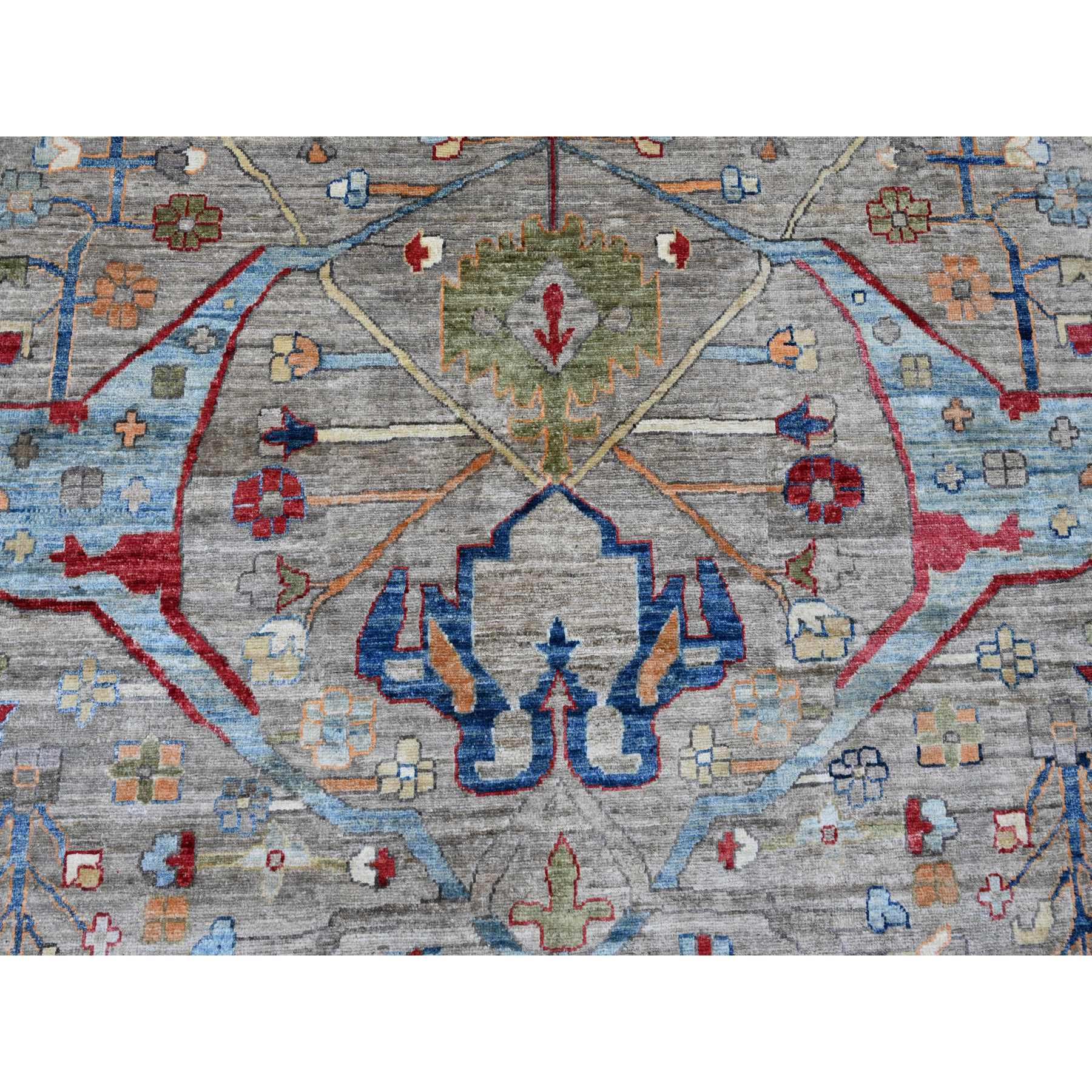 11'7"x15'8" Cloud Gray, Aryana Grade, Peshawar with Bijar Garus Design, Colorful Pattern, Vegetable Dyes, Hand Knotted, Densely Woven, 100% Wool, Oversized, Oriental Rug Sh20002