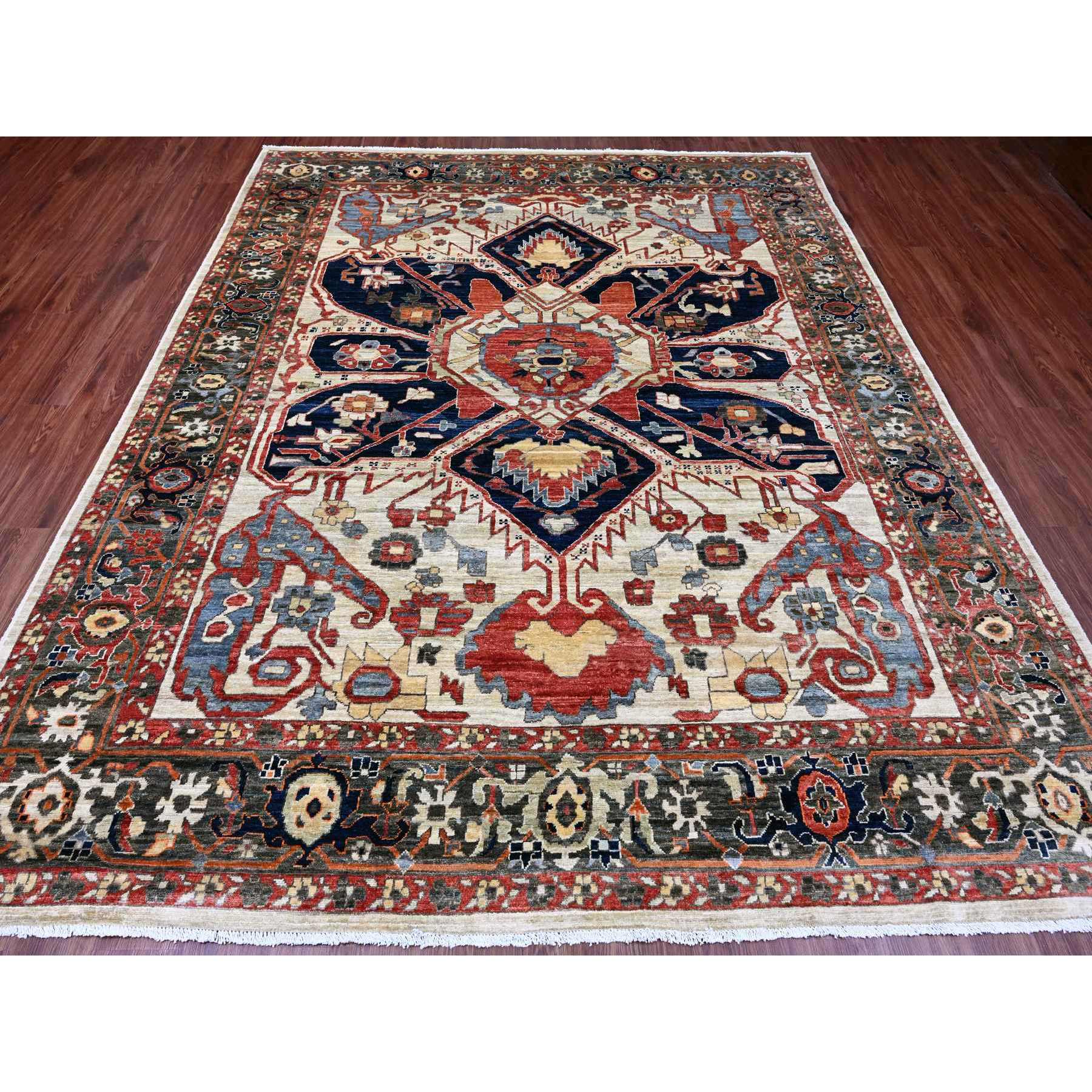 8'2"x10' Khaki Brown with Navy Blue, Hand Knotted, Serapi Heriz, Aryana Collection, Vegetable Dyes, 100% Wool, Densely Woven, Oriental Rug Sh20004