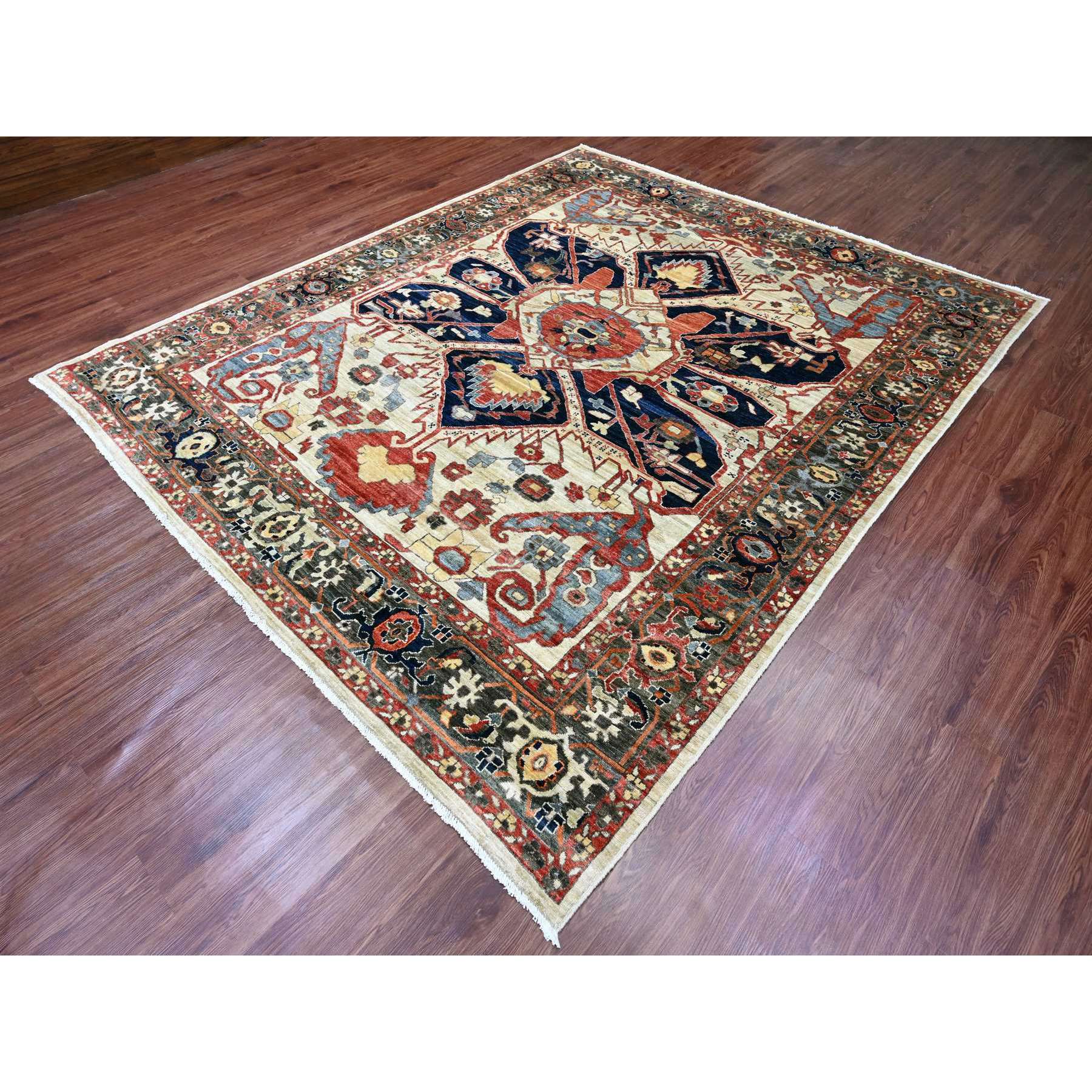 8'2"x10' Khaki Brown with Navy Blue, Hand Knotted, Serapi Heriz, Aryana Collection, Vegetable Dyes, 100% Wool, Densely Woven, Oriental Rug Sh20004
