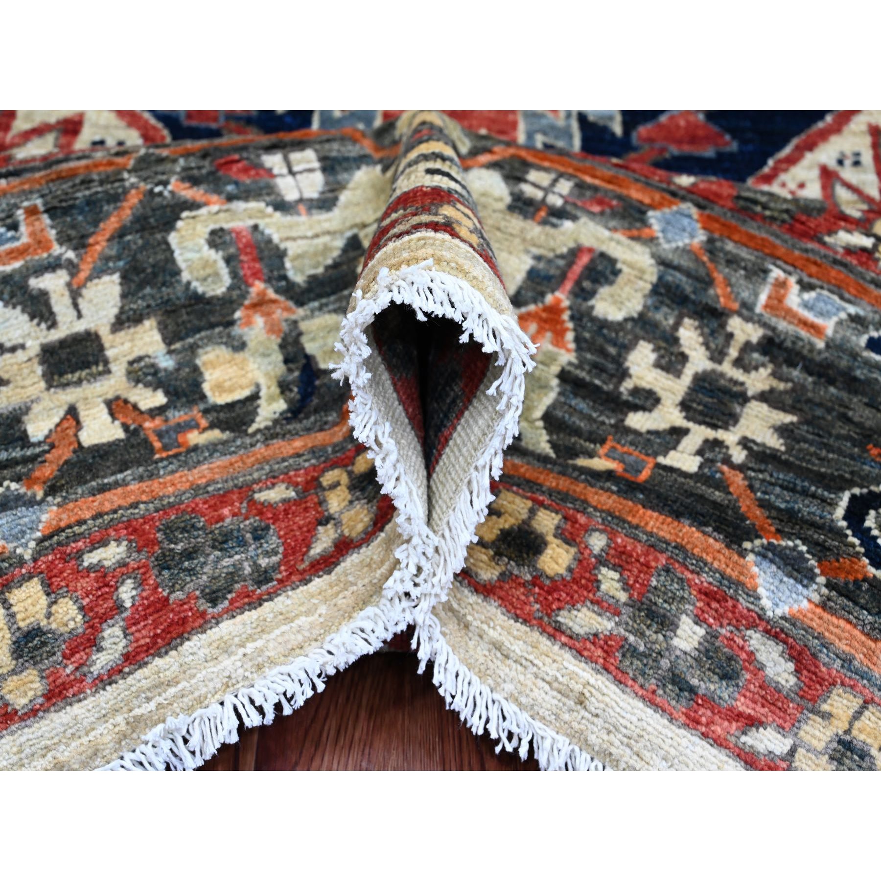 8'2"x10' Khaki Brown with Navy Blue, Hand Knotted, Serapi Heriz, Aryana Collection, Vegetable Dyes, 100% Wool, Densely Woven, Oriental Rug Sh20004