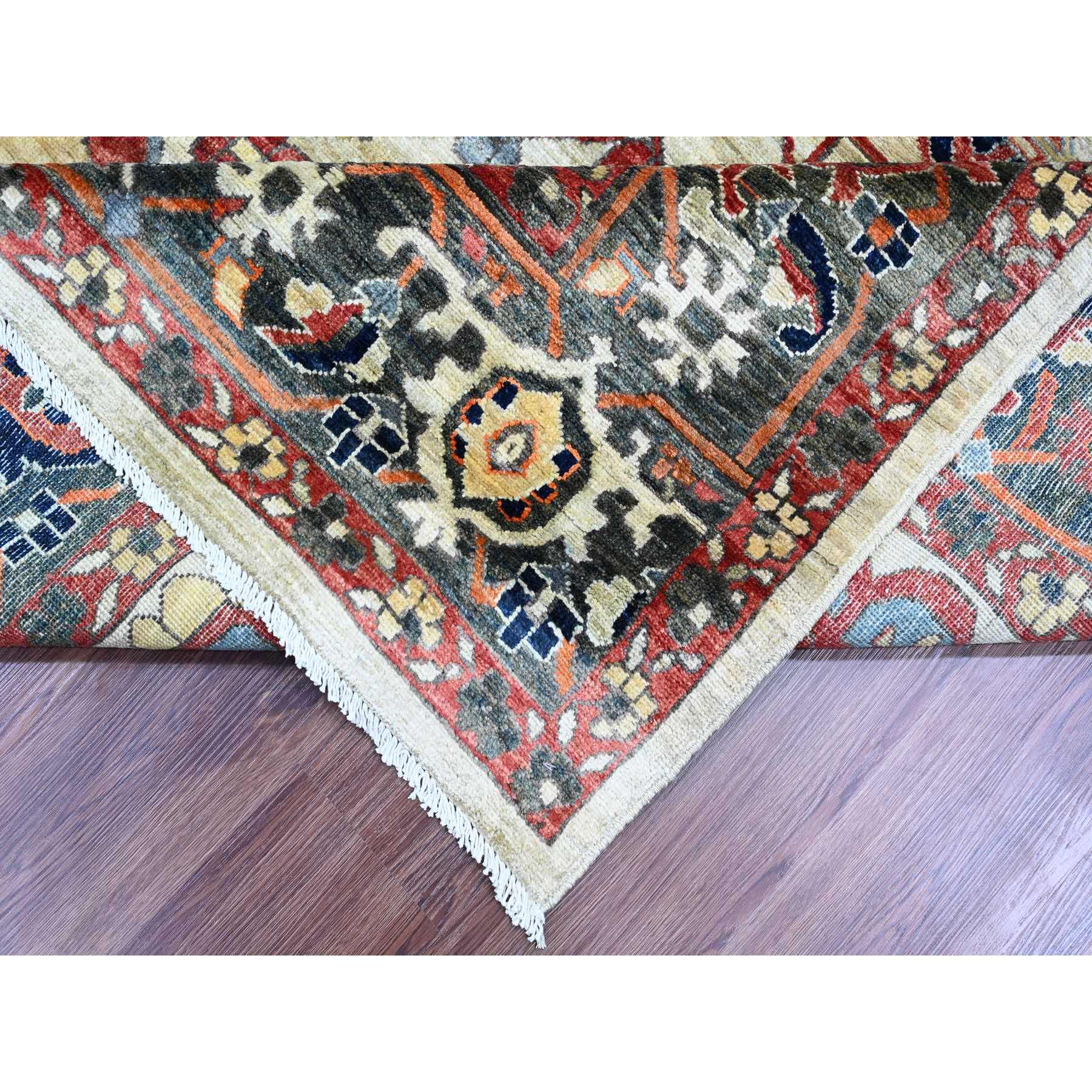8'2"x10' Khaki Brown with Navy Blue, Hand Knotted, Serapi Heriz, Aryana Collection, Vegetable Dyes, 100% Wool, Densely Woven, Oriental Rug Sh20004