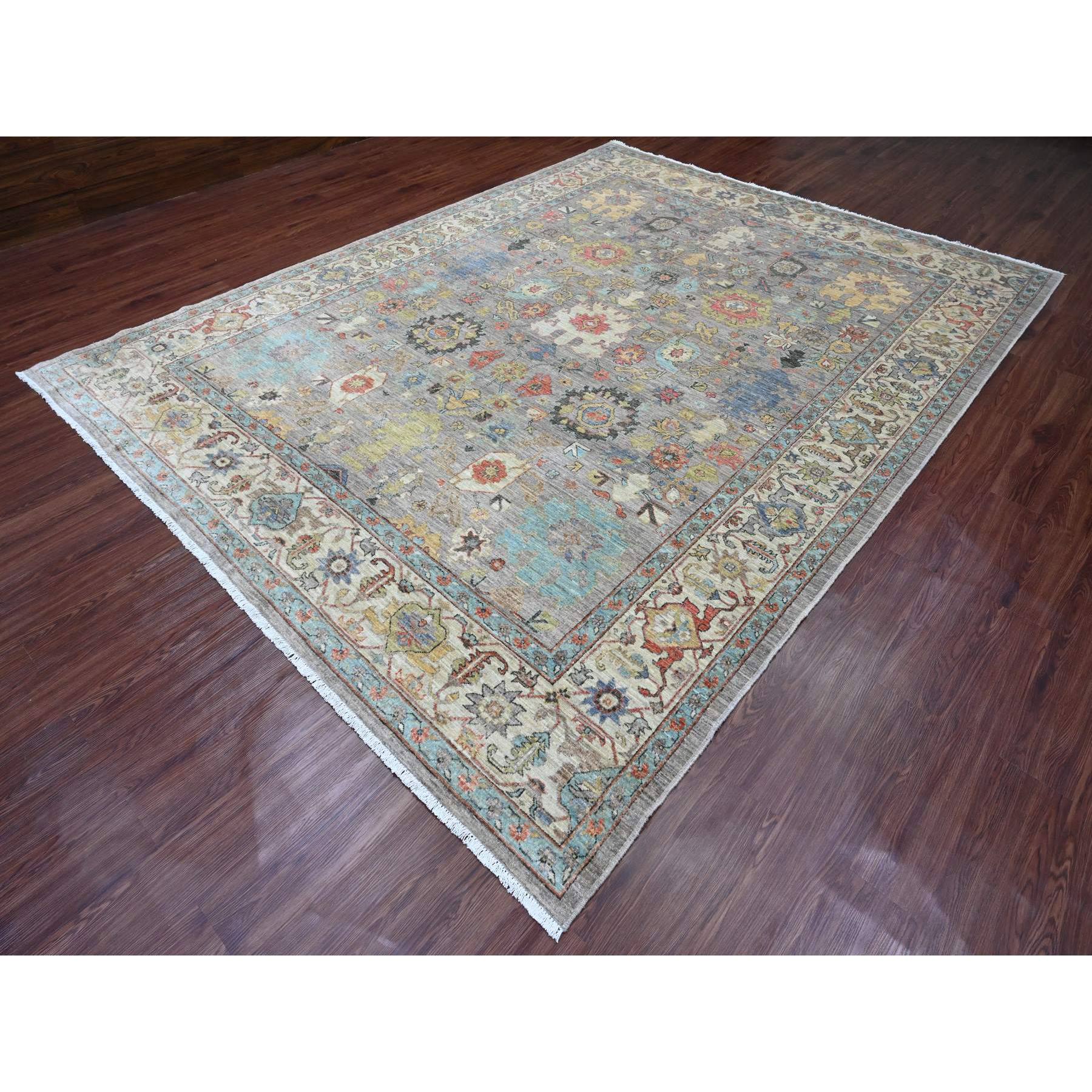 9'x11'8" Fossil Gray, Aryana Collection, Afghan Peshawar with Heriz All Over Design, Vegetable Dyes, Hand Knotted, Pure Wool, Densely Woven, Oriental Rug Sh20006