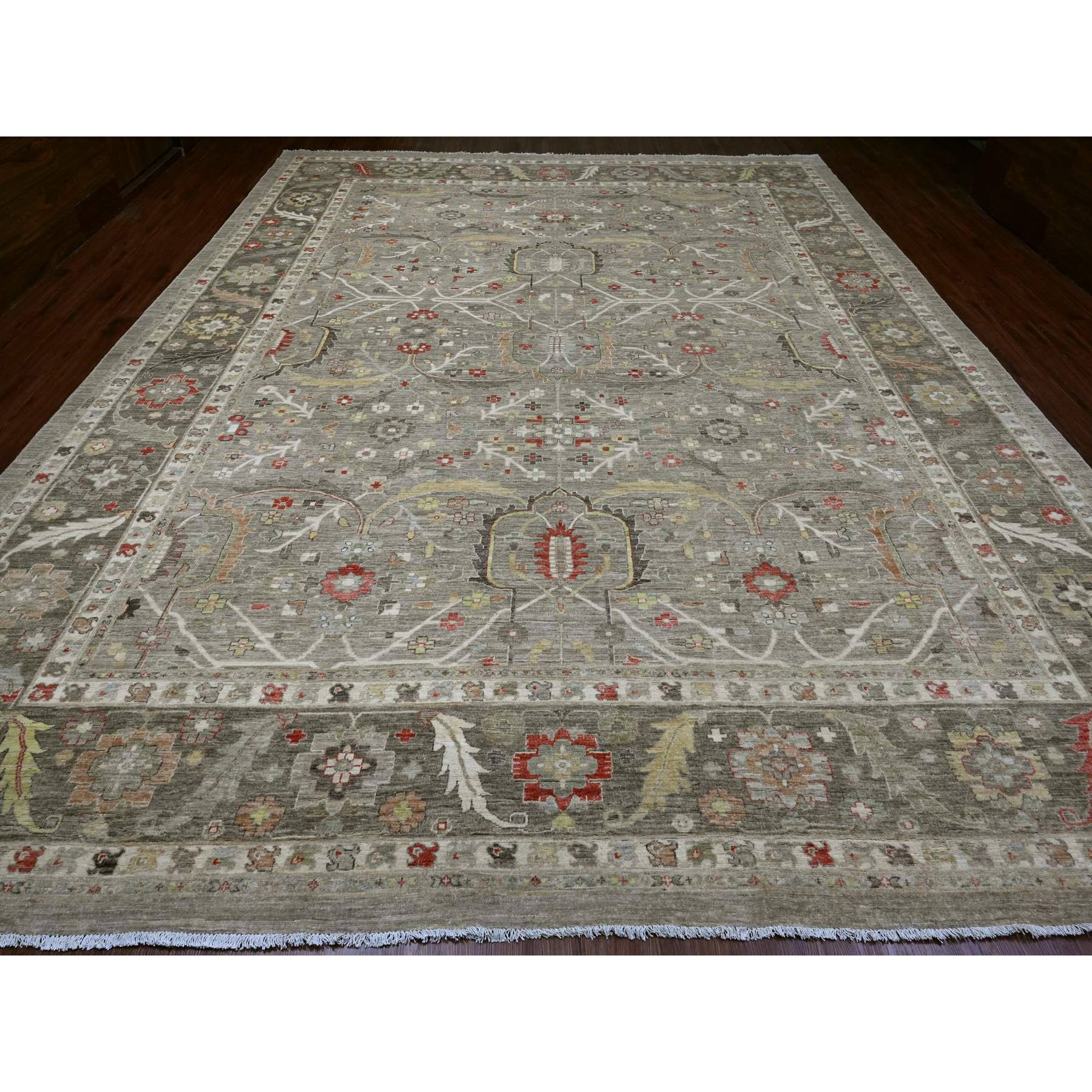 12'x15'1" Fossil Gray, Peshawar with Heriz All Over Design, Hand Knotted, 100% Wool, Natural Dyes, Densely Woven, Oversized, Oriental Rug Sh20007