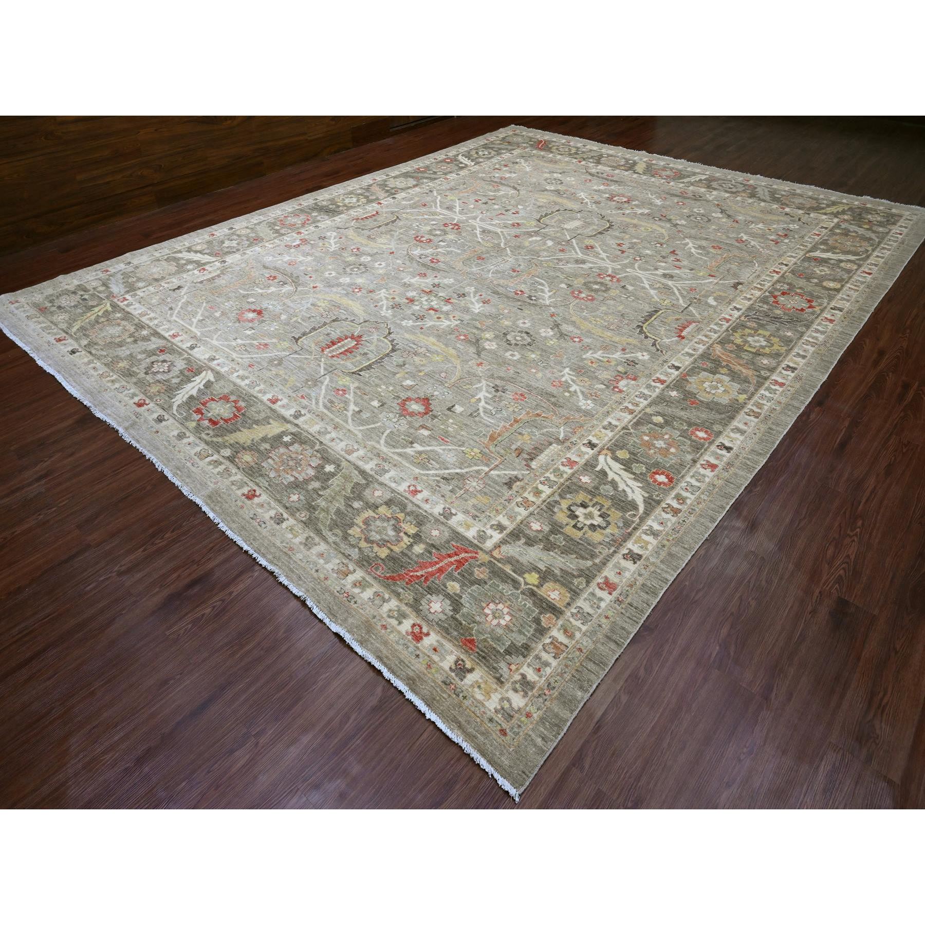 12'x15'1" Fossil Gray, Peshawar with Heriz All Over Design, Hand Knotted, 100% Wool, Natural Dyes, Densely Woven, Oversized, Oriental Rug Sh20007
