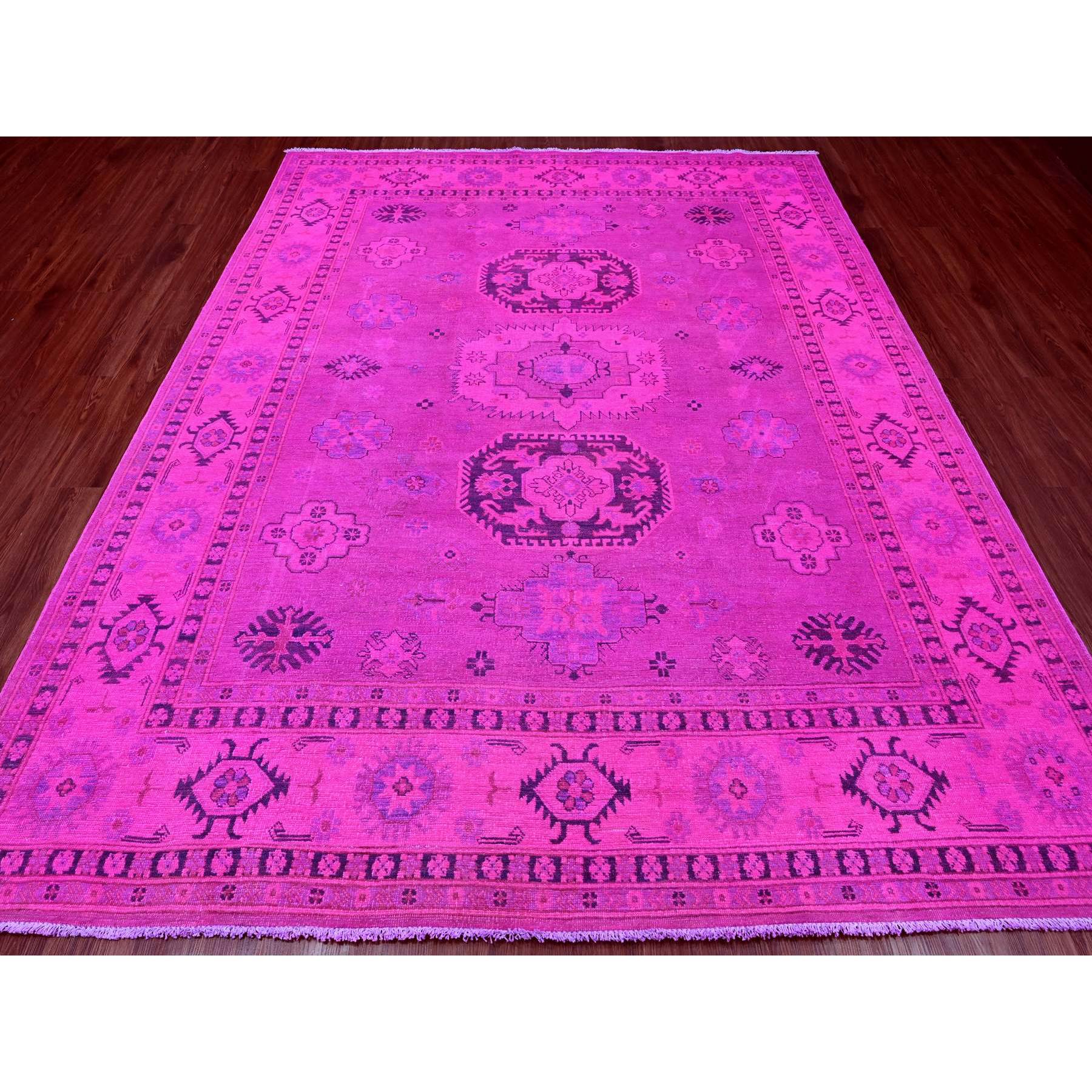 8'x10' Hot Pink, Overdyed Kazak with Geometric Medallions Design, Hand Knotted, 100% Wool, Oriental Rug Sh20008
