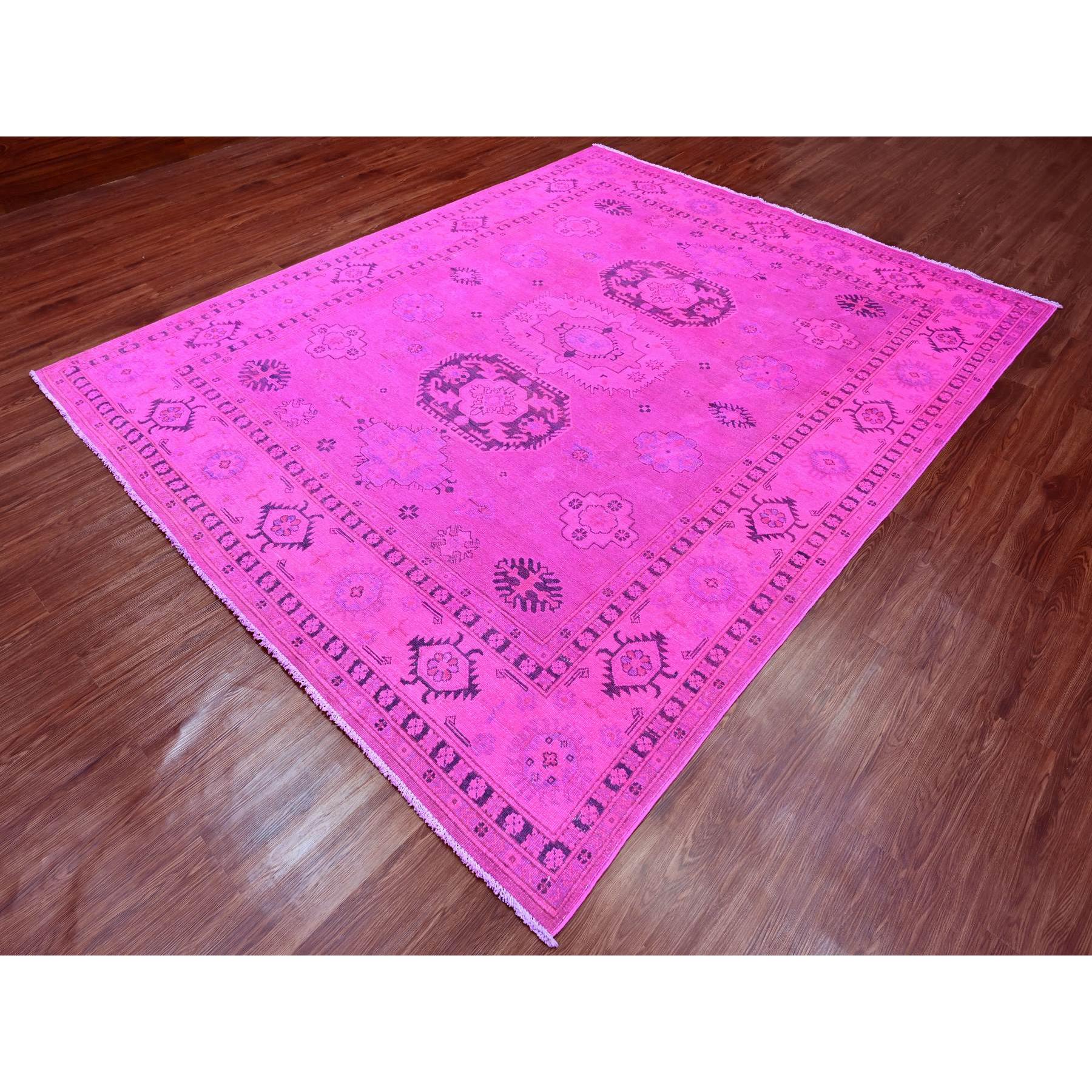 8'x10' Hot Pink, Overdyed Kazak with Geometric Medallions Design, Hand Knotted, 100% Wool, Oriental Rug Sh20008