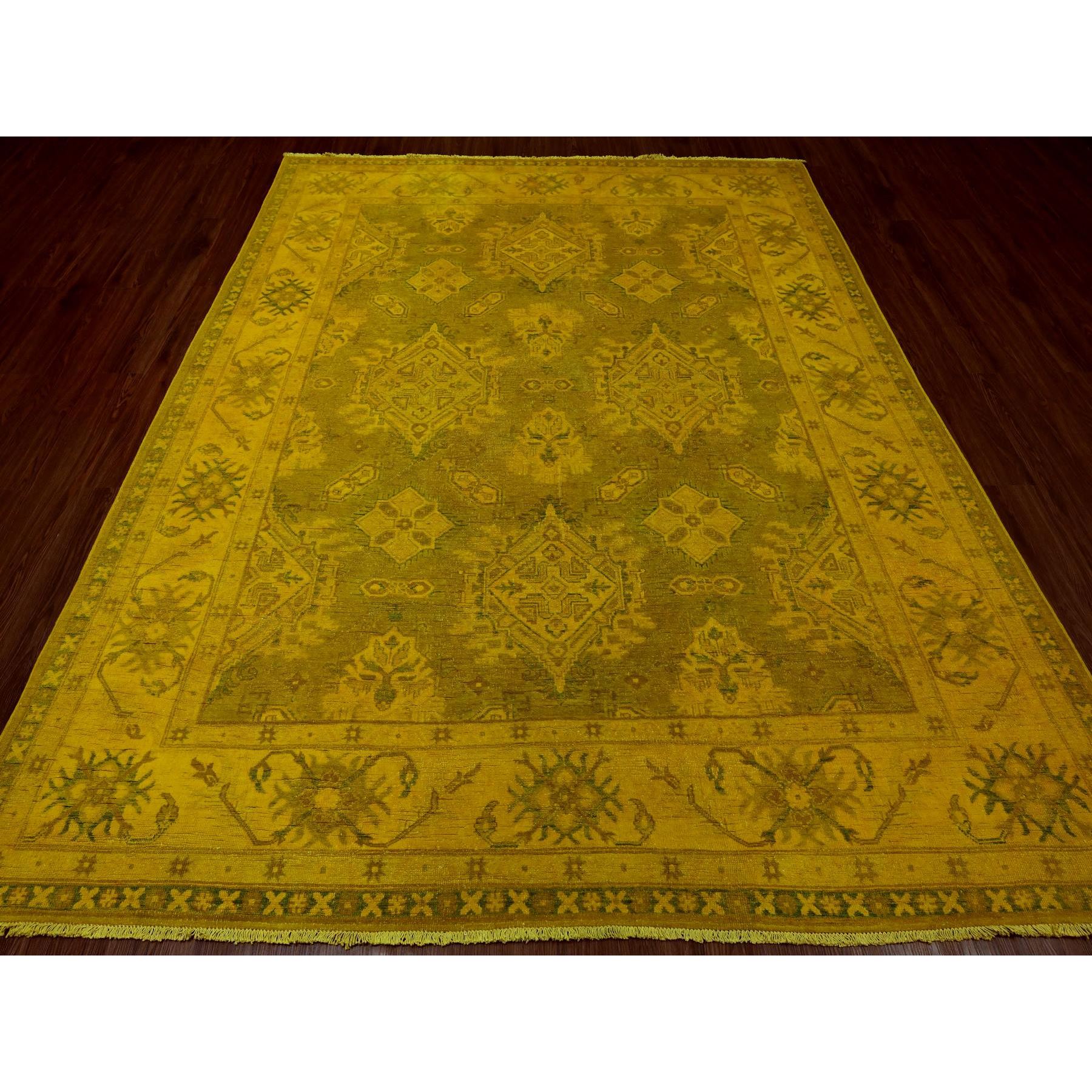 7'6"x9'5" Golden Yellow, Overdyed Kazak with Geometric Medallions Design, 100% Wool, Hand Knotted, Oriental Rug Sh20009