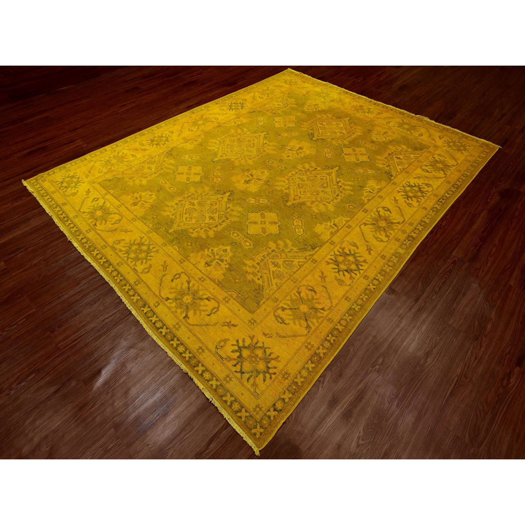 7'6"x9'5" Golden Yellow, Overdyed Kazak with Geometric Medallions Design, 100% Wool, Hand Knotted, Oriental Rug Sh20009