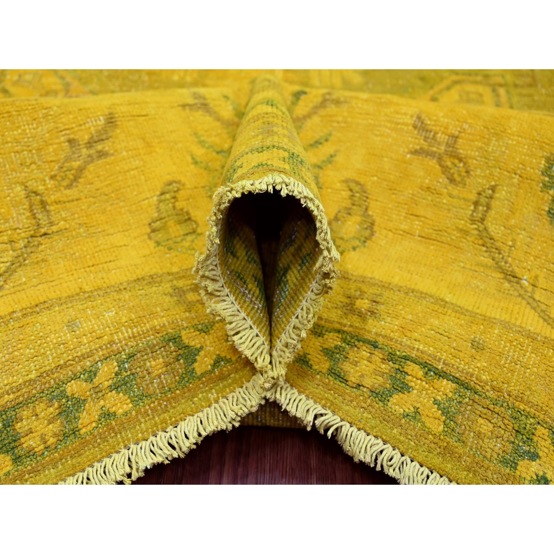 7'6"x9'5" Golden Yellow, Overdyed Kazak with Geometric Medallions Design, 100% Wool, Hand Knotted, Oriental Rug Sh20009